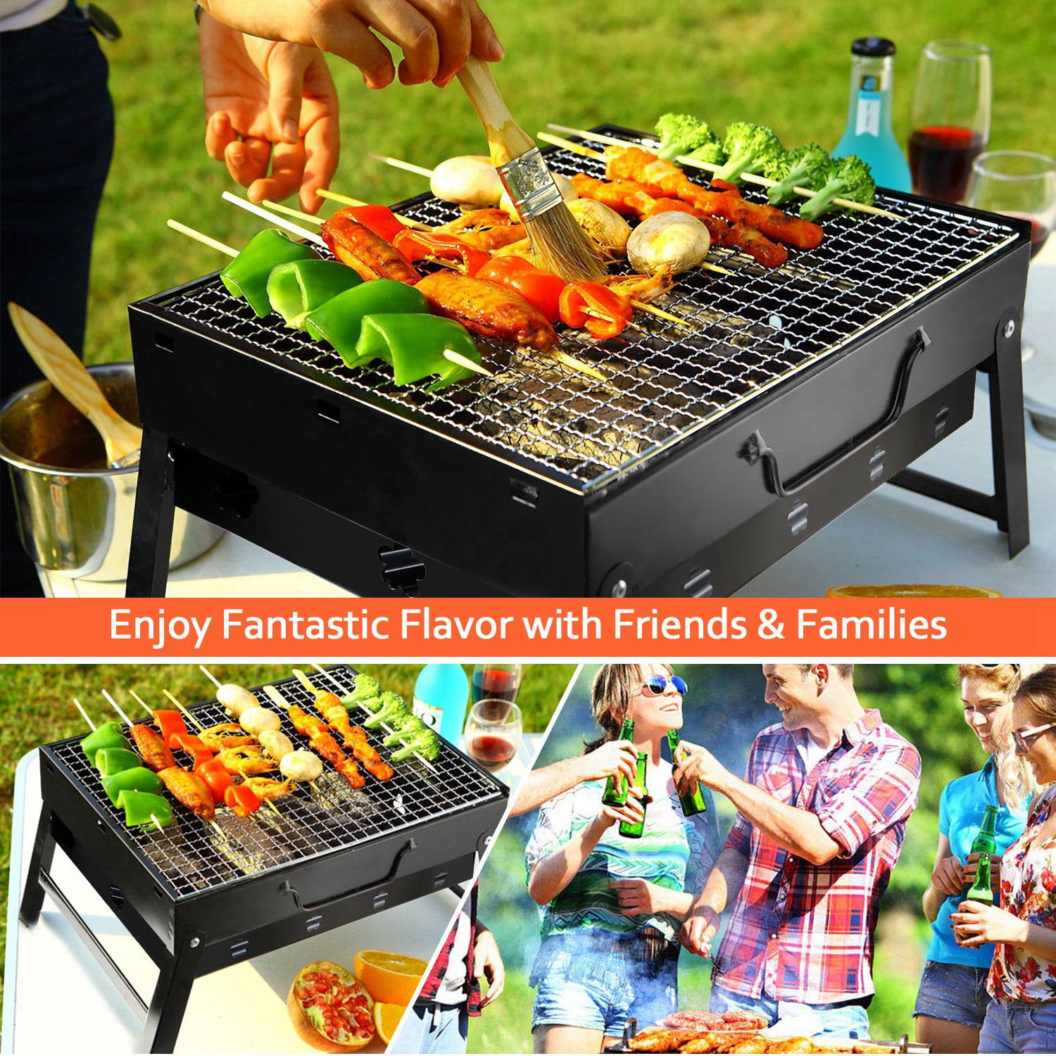 Xilee Portable Charcoal Grill, Folding Stainless Steel Tabletop BBQ for Camping and Picnics (Black, 17 in x 12.2 in x 3.4 in) nrgf8