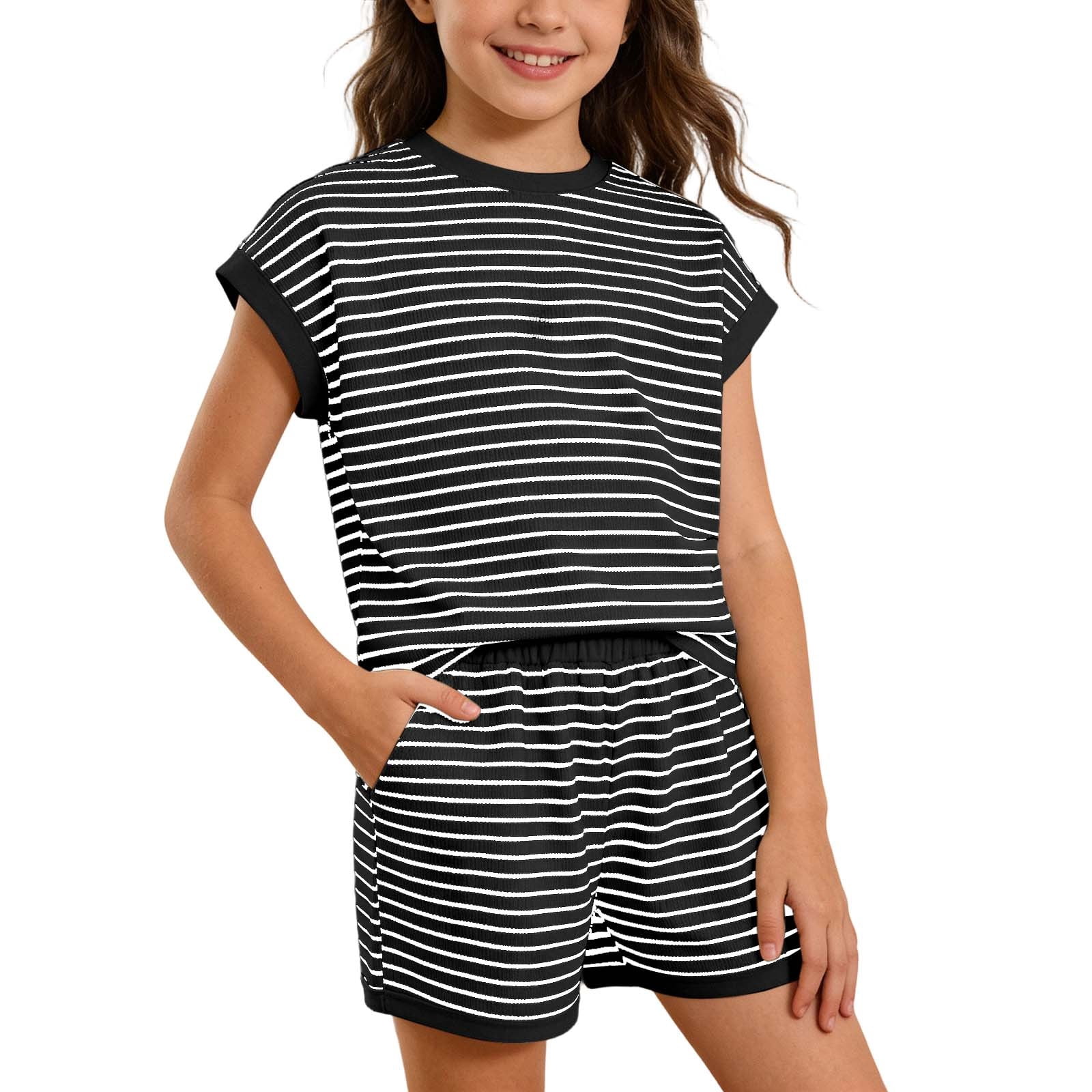 Glisme Girls Summer Outfit Set Striped Short Sleeve Crew Neck Shirt and Shorts (Black, 6-7 Years) 3uj8n