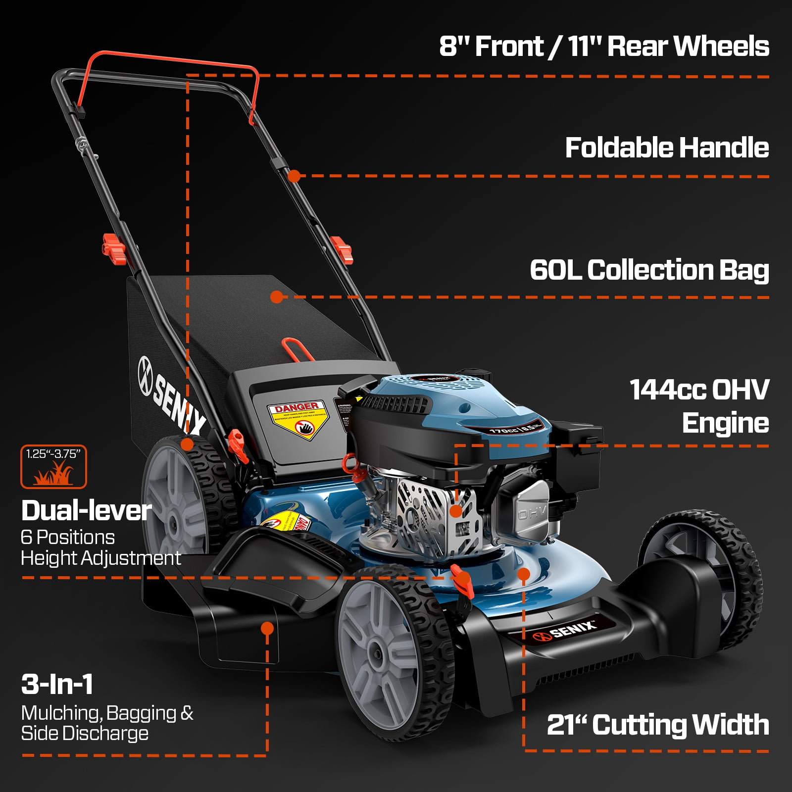 Senix Gas Lawn Mower 21 in Cutting Width 144cc 4-Cycle Engine 3-in-1 (Blue, 21 in) hnvuj