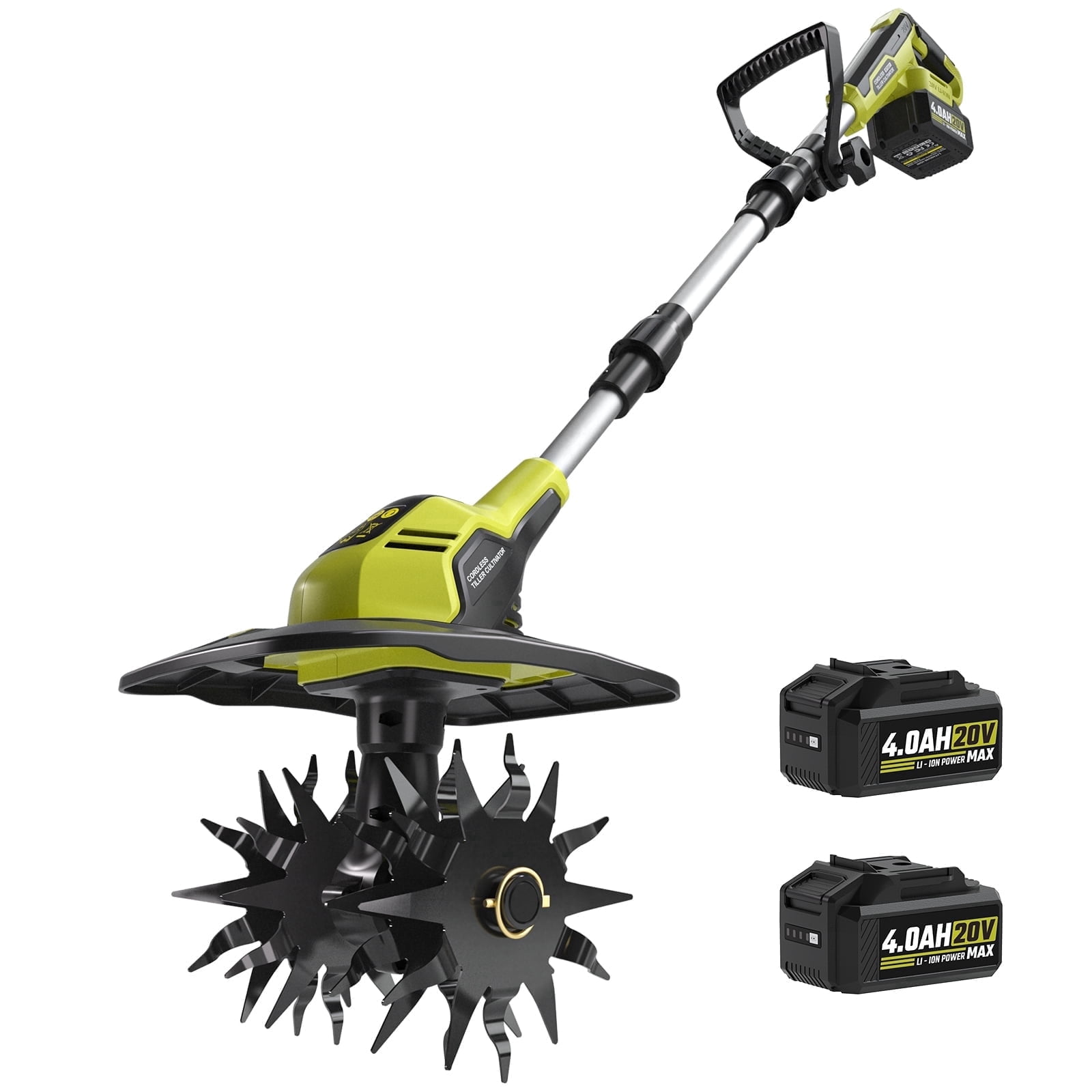 Revvstark 20V Cordless Electric Garden Tiller Cultivator, High-Torque Rototiller with (2) 4.0Ah Batteries and Fast Charger (8.9 in Width, 6.8 in Depth) nzjcp