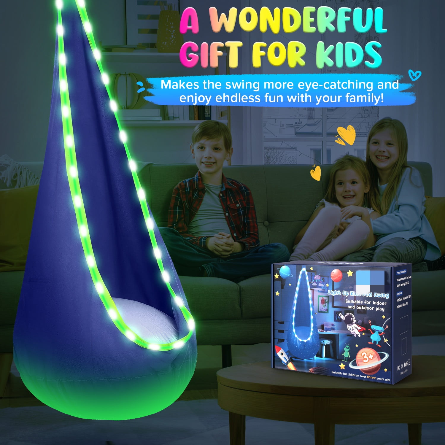 UQN Kids Pod Swing Seat, LED Light Up Hanging Hammock Chair with Inflatable Pillow, Sensory Swing for Indoor and Outdoor Use (176 lb Capacity) svgl9