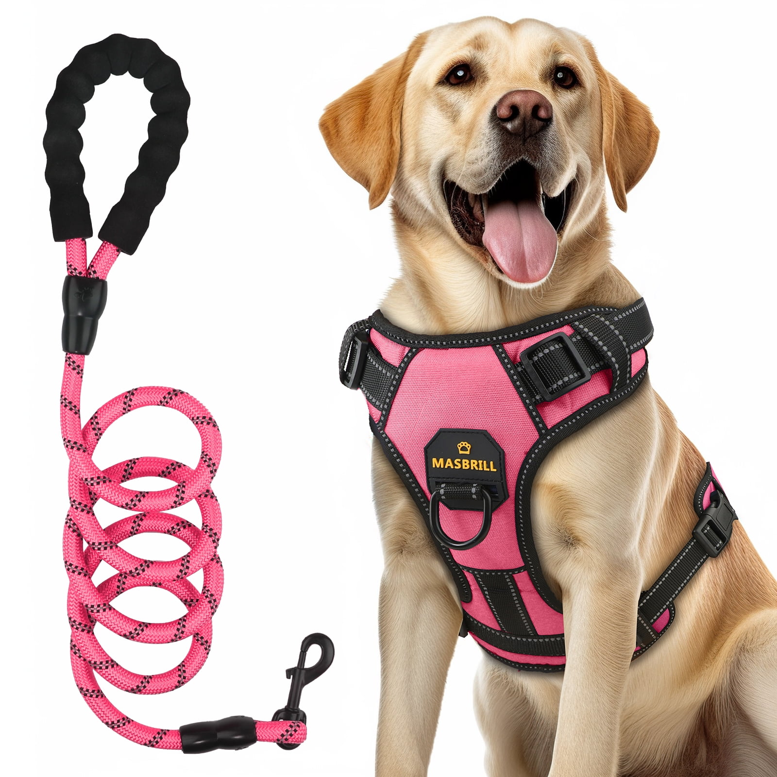 MASBRILL No Pull Dog Harness and Leash Set, Reflective Adjustable Padded Vest with Handle (Pink, Large) me4ue