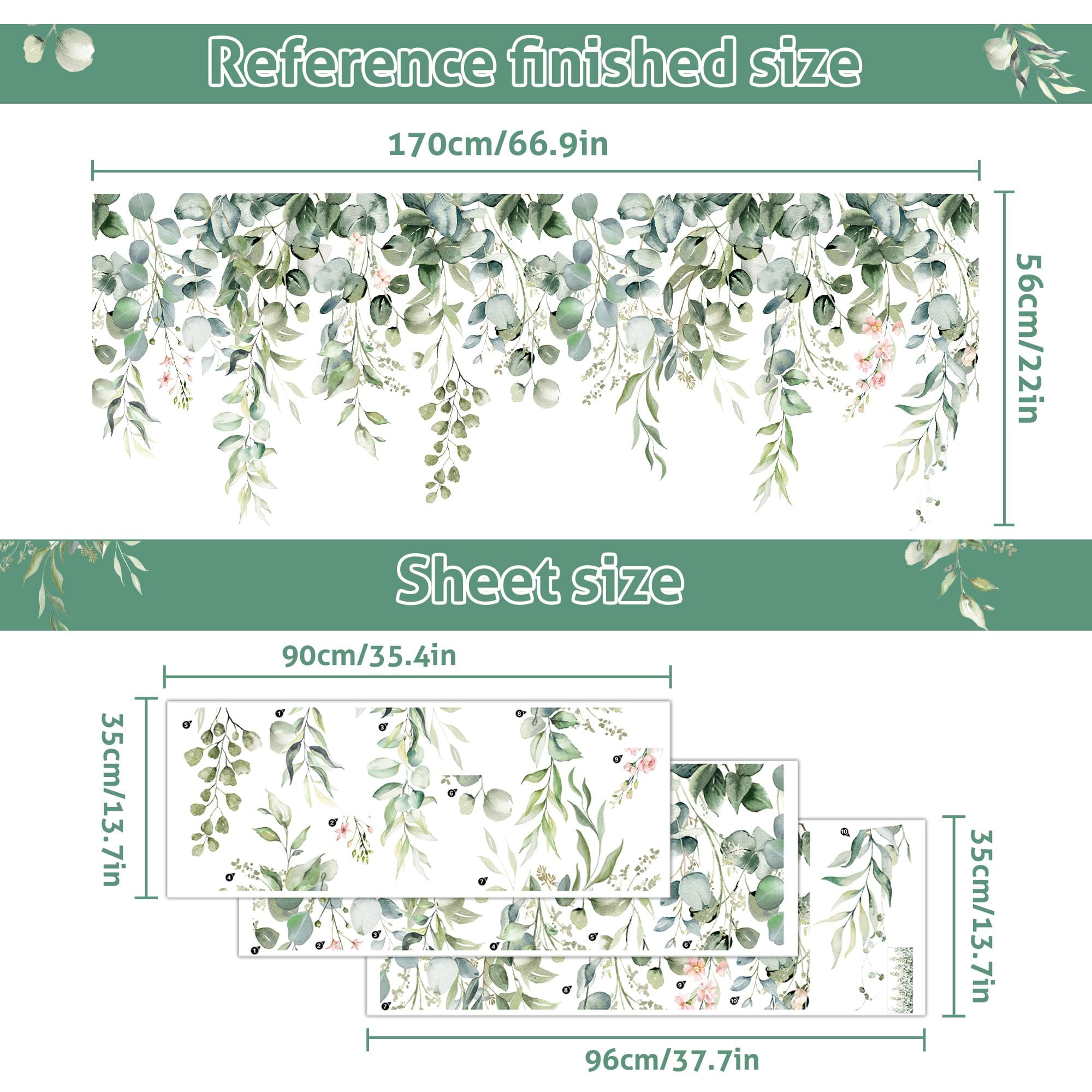 Neasyth Watercolor Floral Wall Decals, Peel and Stick Hanging Leaf Plant Giant Wall Stickers for Bedroom and Living Room (Green, 3 Sheets) nkj7n