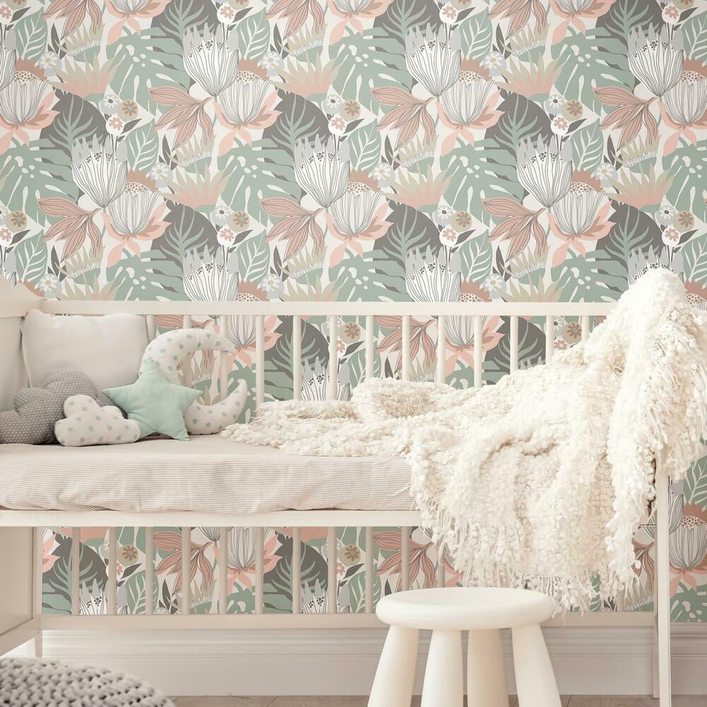 RoomMates Retro Tropical Leaves Peel and Stick Wallpaper (Pink, 20.5 in x 16.5 ft) jncuq