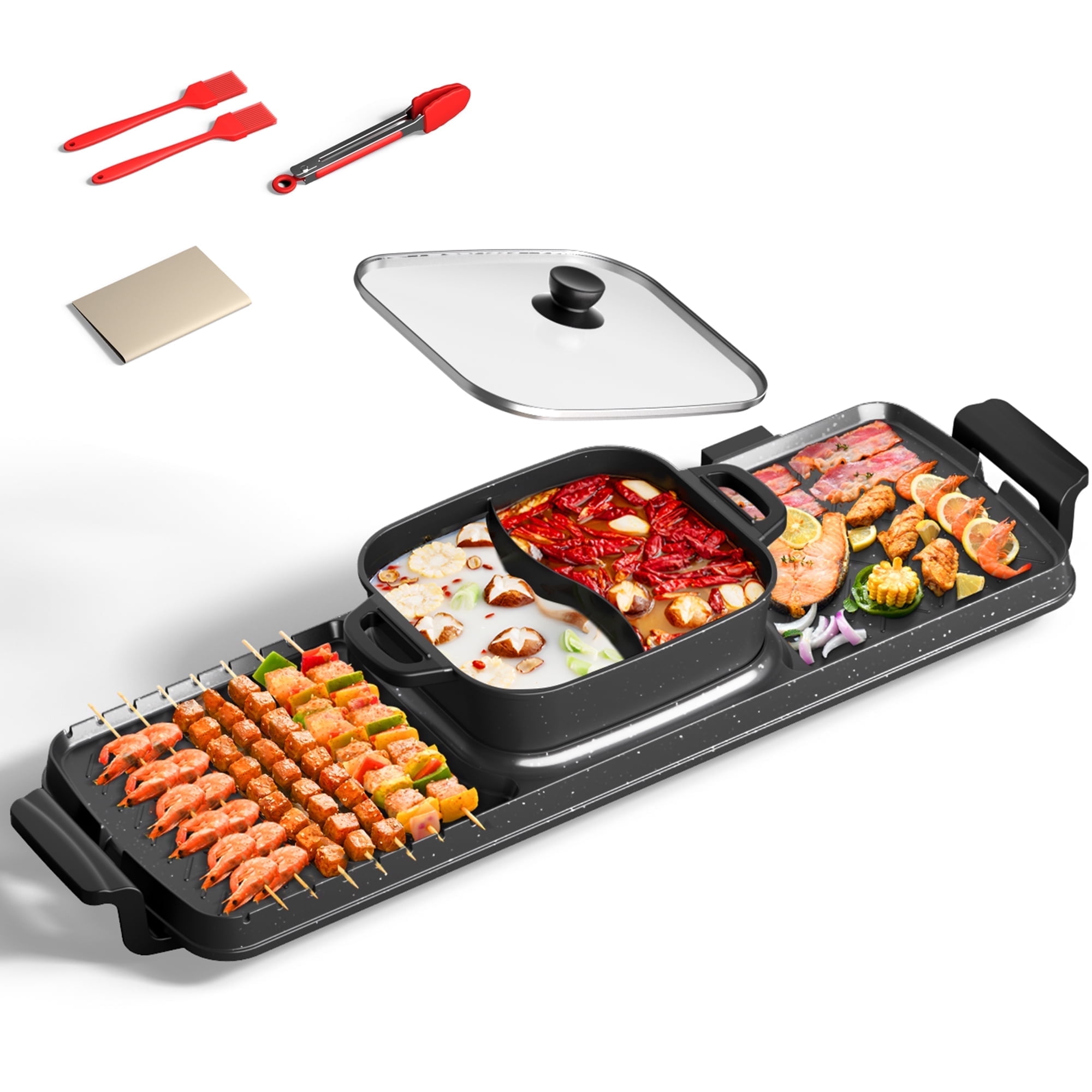 Aoran Kitchen 2-in-1 Electric Hot Pot and Smokeless BBQ Grill with Dual Temperature Control (Black, 2200W) 1at3f
