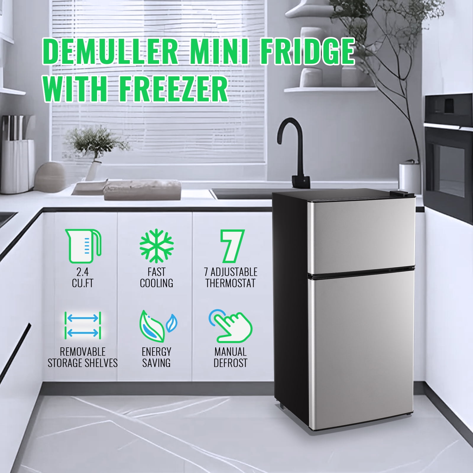 DEMULLER 2.4 Cu.ft Mini Refrigerator with Freezer, Dual Door Compact Fridge for Dorm Office (Silver, 2.4 Cu.ft) pnqxf