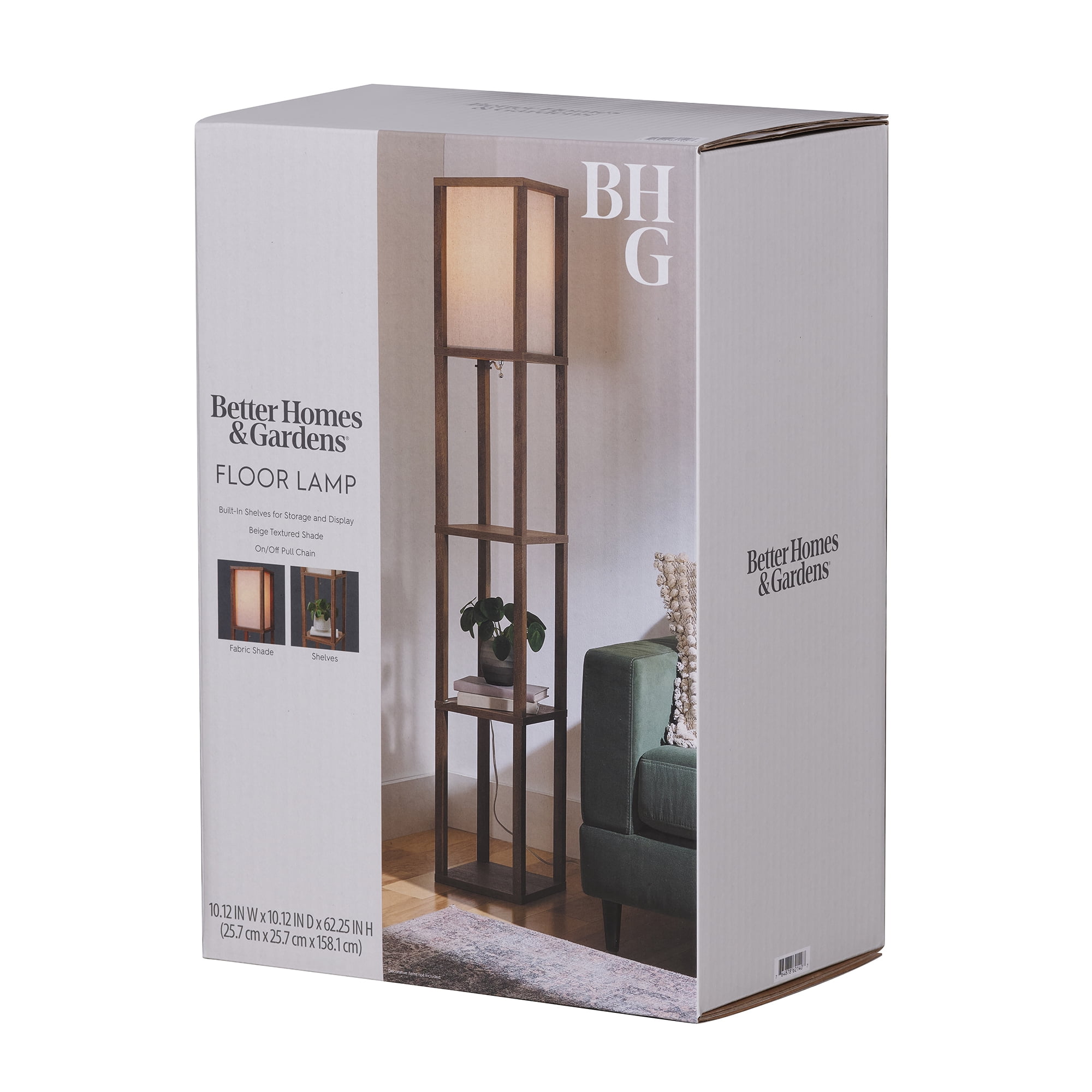 Better Homes & Gardens Modern Floor Lamp with Storage Shelves and Natural Square Shade (Weathered Finish, 62.25 in) esn66