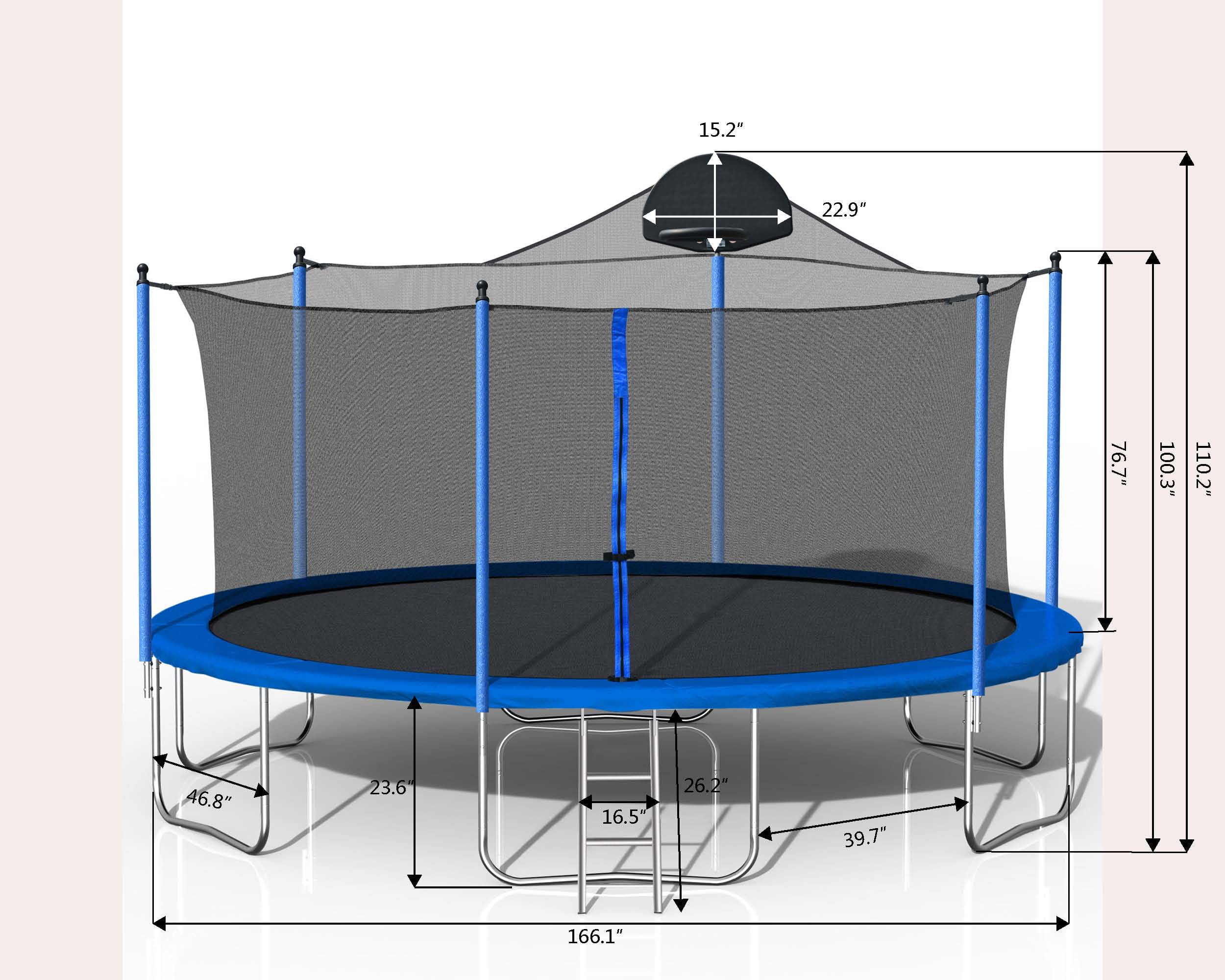 Triple Tree 14ft Outdoor Recreational Trampoline with Basketball Hoop, Safety Enclosure Net, and Ladder (Blue, 14ft) c39gy
