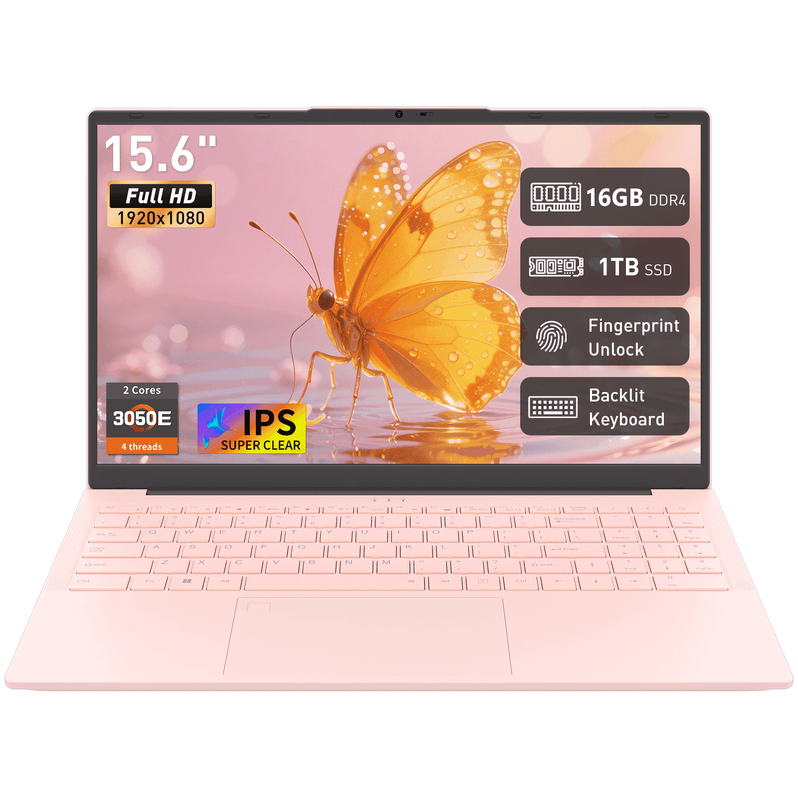 Pryloxen 15.6 in Laptop, Windows 11 Pro, 3050E Processor, 16GB RAM, 1TB SSD, Backlit Keyboard, Fingerprint Unlock (Pink) 4ctqy
