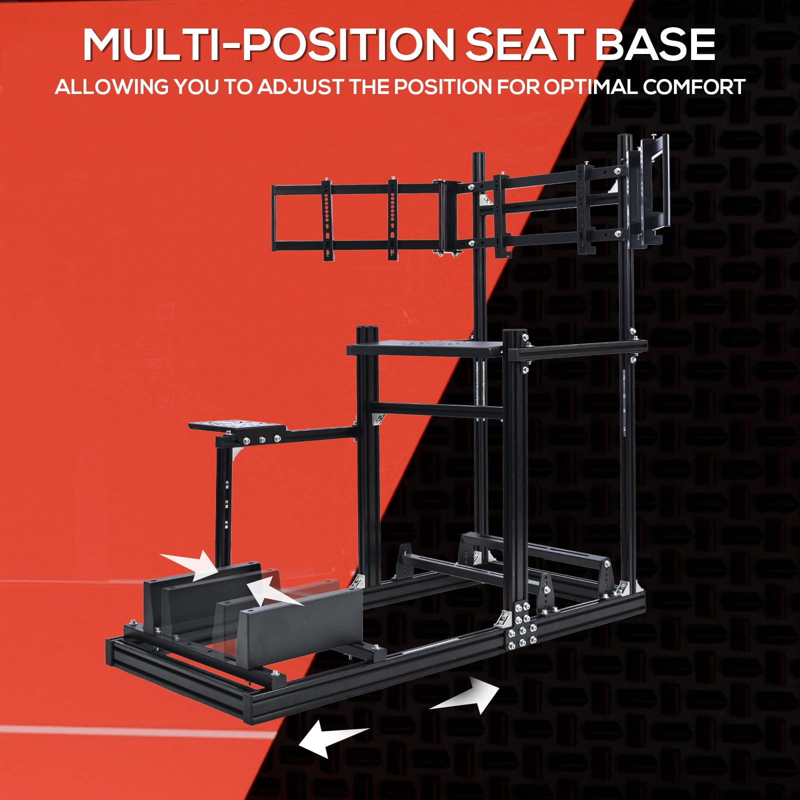Supllueer Aluminum Racing Simulator Cockpit with Adjustable Seat and Triple Monitor Stand (Black) ve1yv
