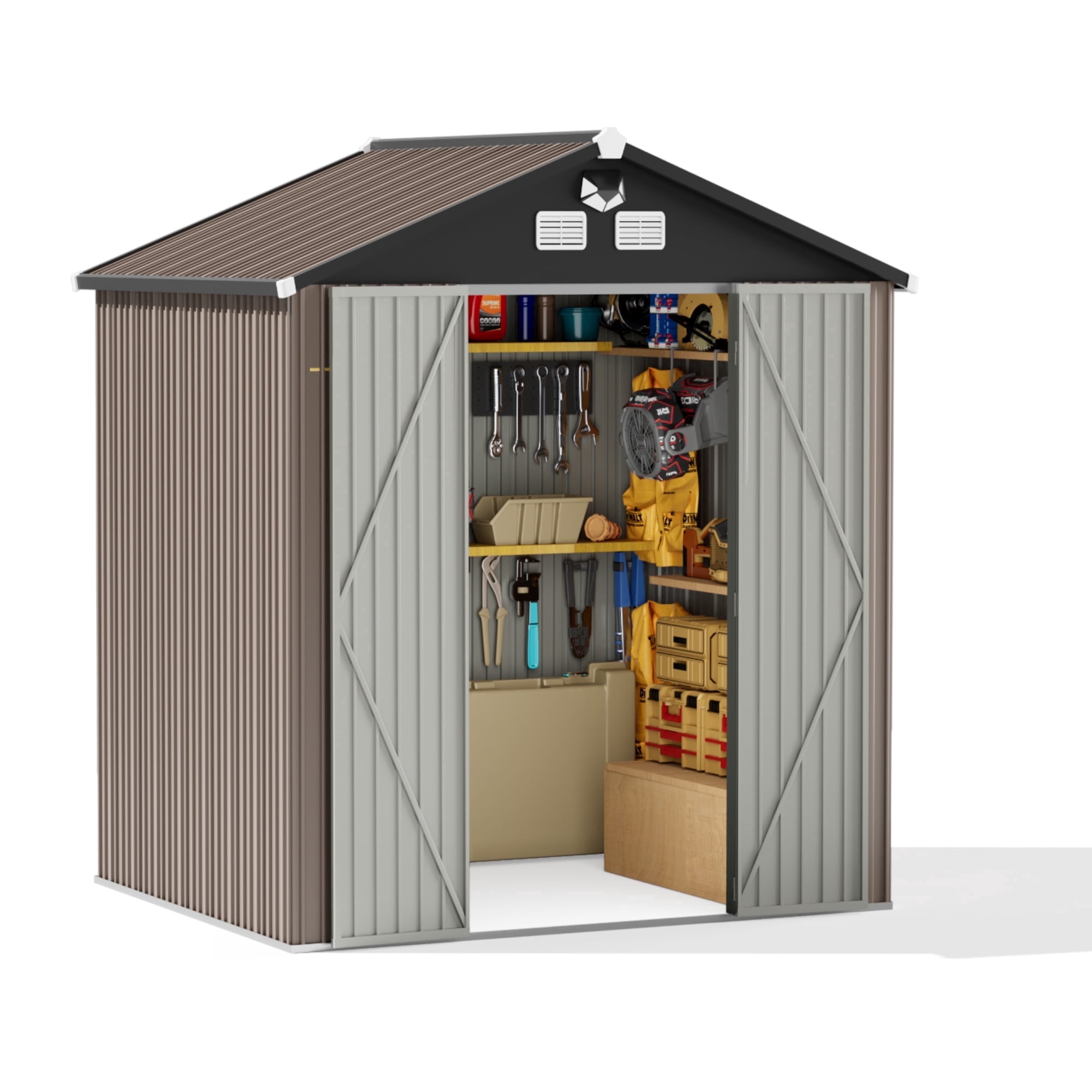 Licheers Outdoor Metal Tool Storage Shed with LED Light and Air Vents (Brown, 8 ft. W x 6 ft. D) 5yoq4