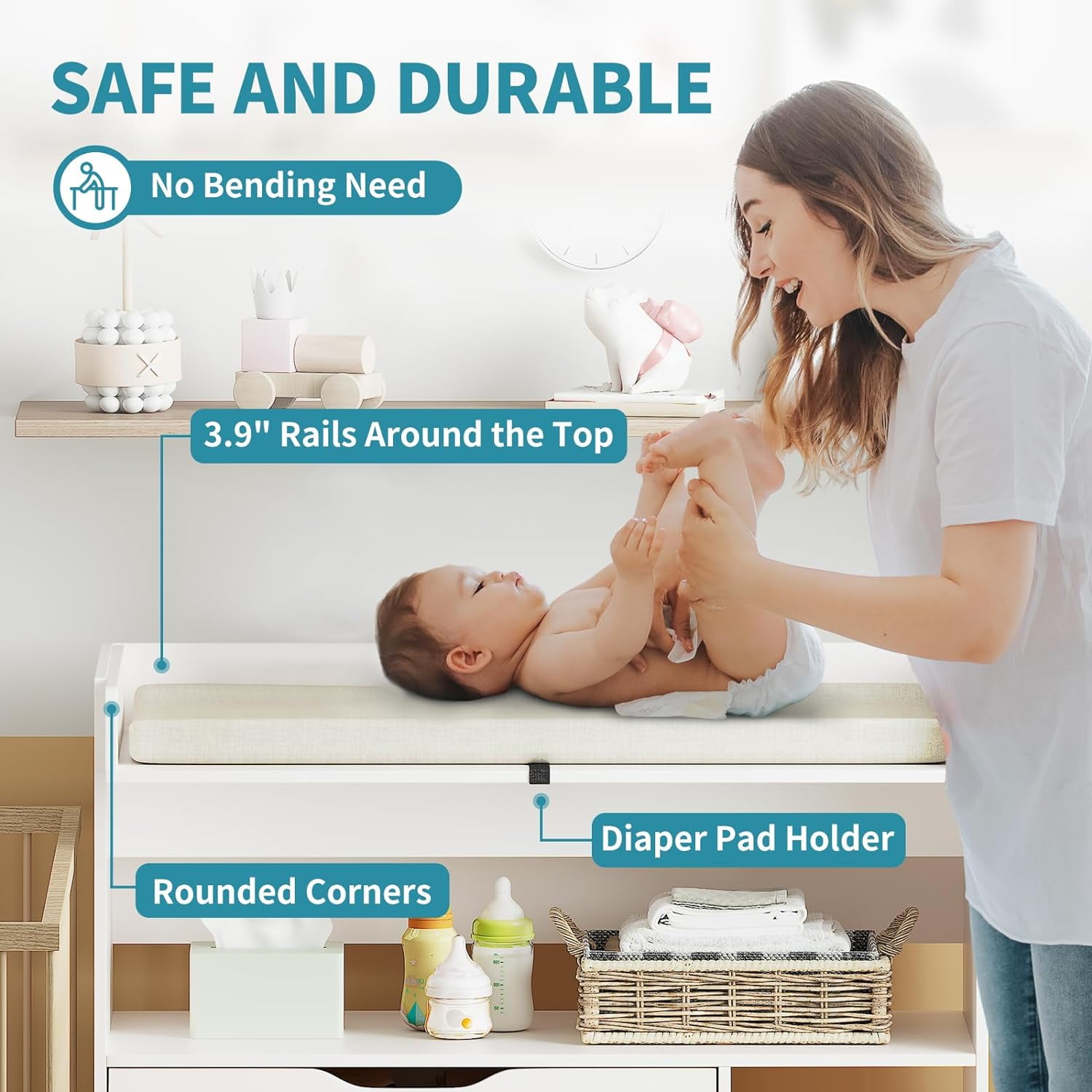 Linor Baby Changing Table Dresser with 3 Drawers and 3 Storage Shelves (White, 34.3 in x 18.5 in x 34.5 in) lfr9j