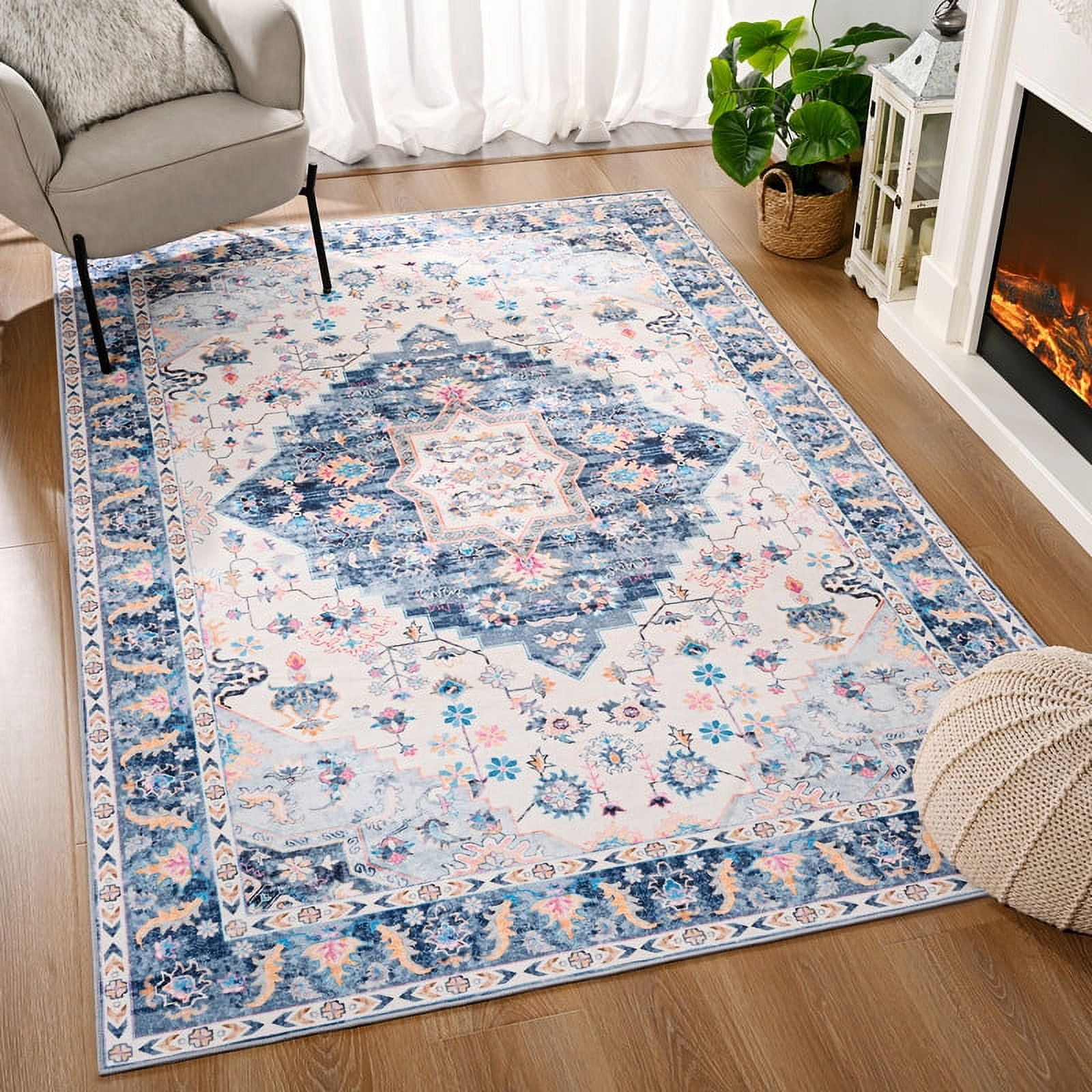 TWINNIS Vintage Boho Area Rug, Washable Non-Slip Floral Carpet for Living Room and Bedroom (Blue, 4 ft x 6 ft) 4glbv