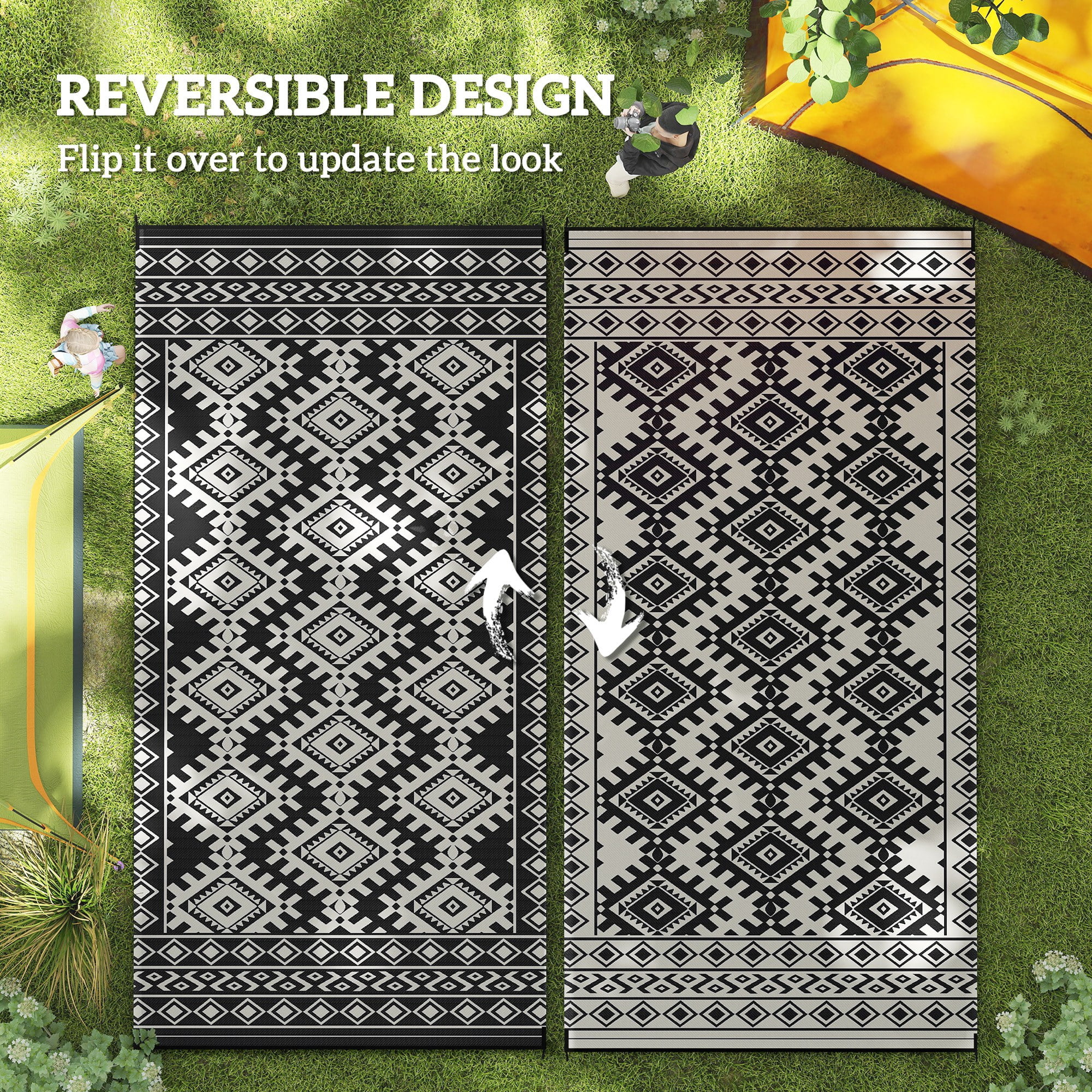 Outsunny Outdoor Patio Rug, Reversible Waterproof Camping Carpet for RV and Garden (Black & White, 9 ft x 18 ft) hr99e