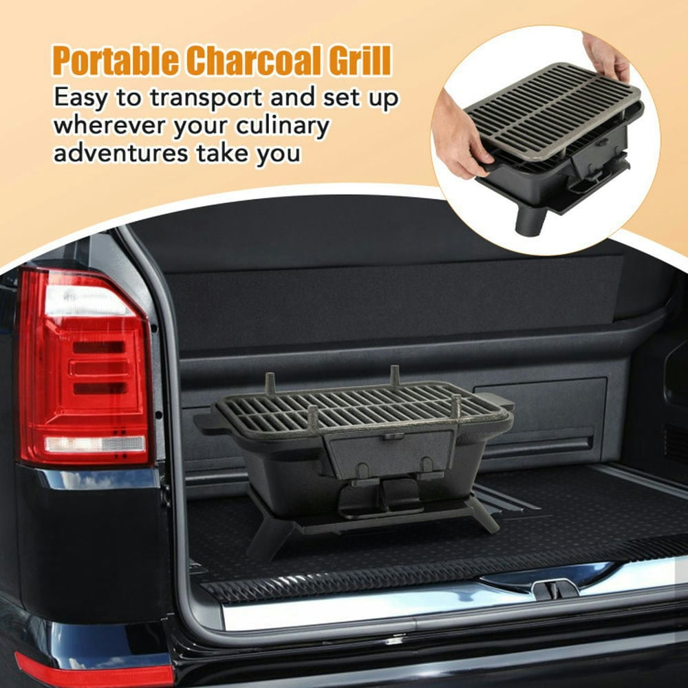Aimee Lii Cast Iron Hibachi Grill, Portable Charcoal BBQ for Outdoor Cooking (Black, 16 in x 11 in x 7 in) 522qj