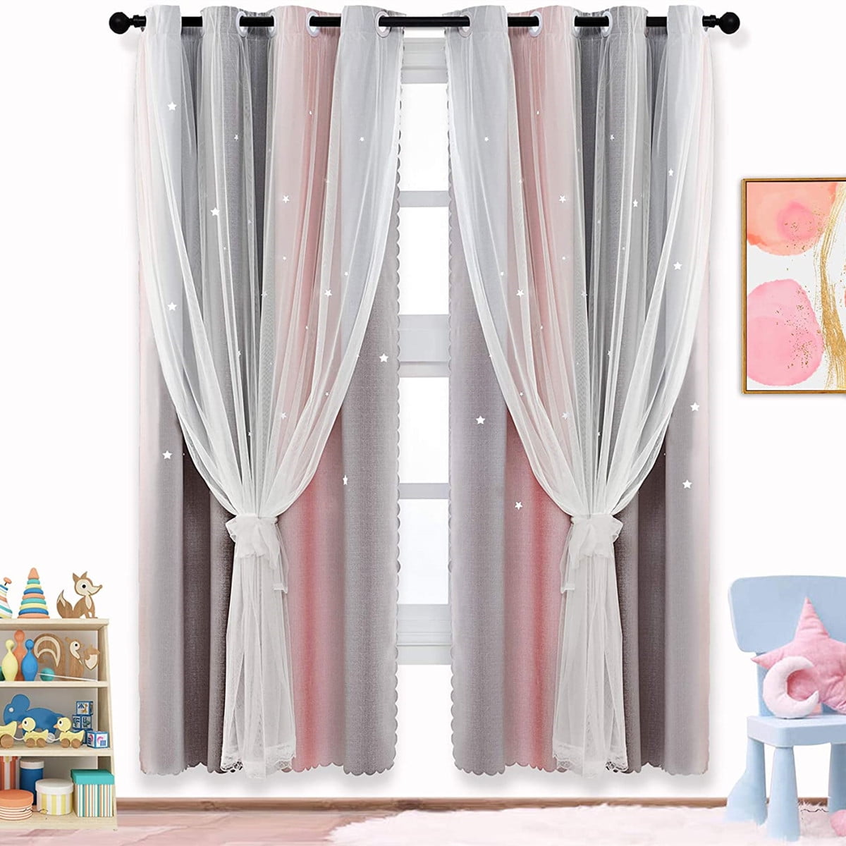 BSHAPPLUS Blackout Curtains with White Sheer Overlay Layered Window Drapes for Bedroom and Living Room (Blue and Yellow, 52 in x 84 in, 1 Panel) m16j2