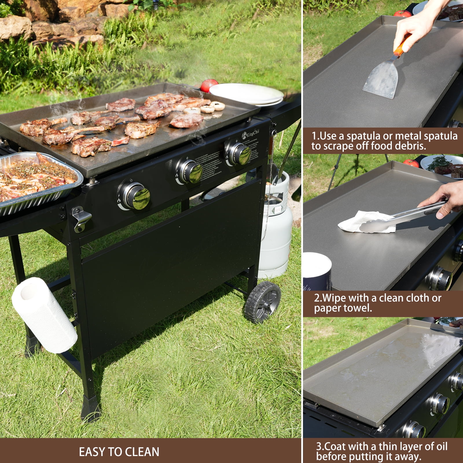 KingChii 3-Burner Propane Griddle Outdoor Flat Top Gas Grill with Side Shelves (Black, 27 in) w1gqf