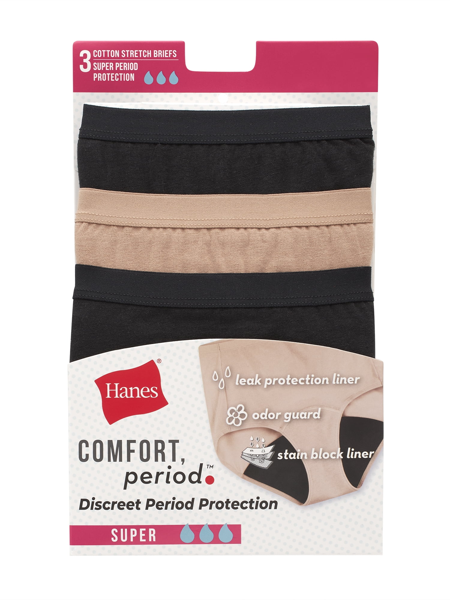 Hanes Womens Period Underwear Leak Protection Briefs (Black, 3-Pack) ammaw
