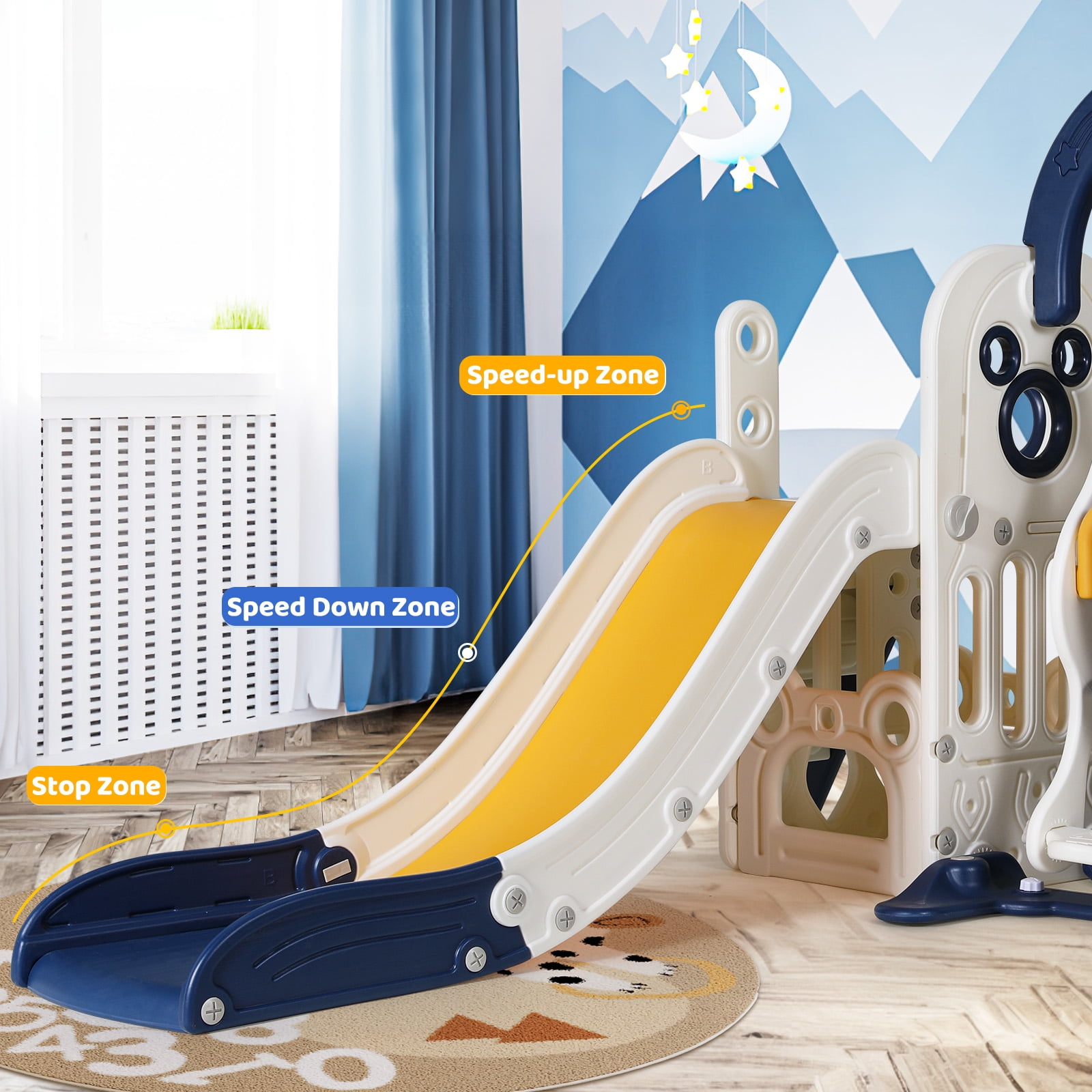 Arlopu Kids Slide and Swing Set, 5-in-1 Toddler Climber Playset with Basketball Hoop and Storage (Blue, 58.3 in x 58.7 in x 45.3 in) opnp5