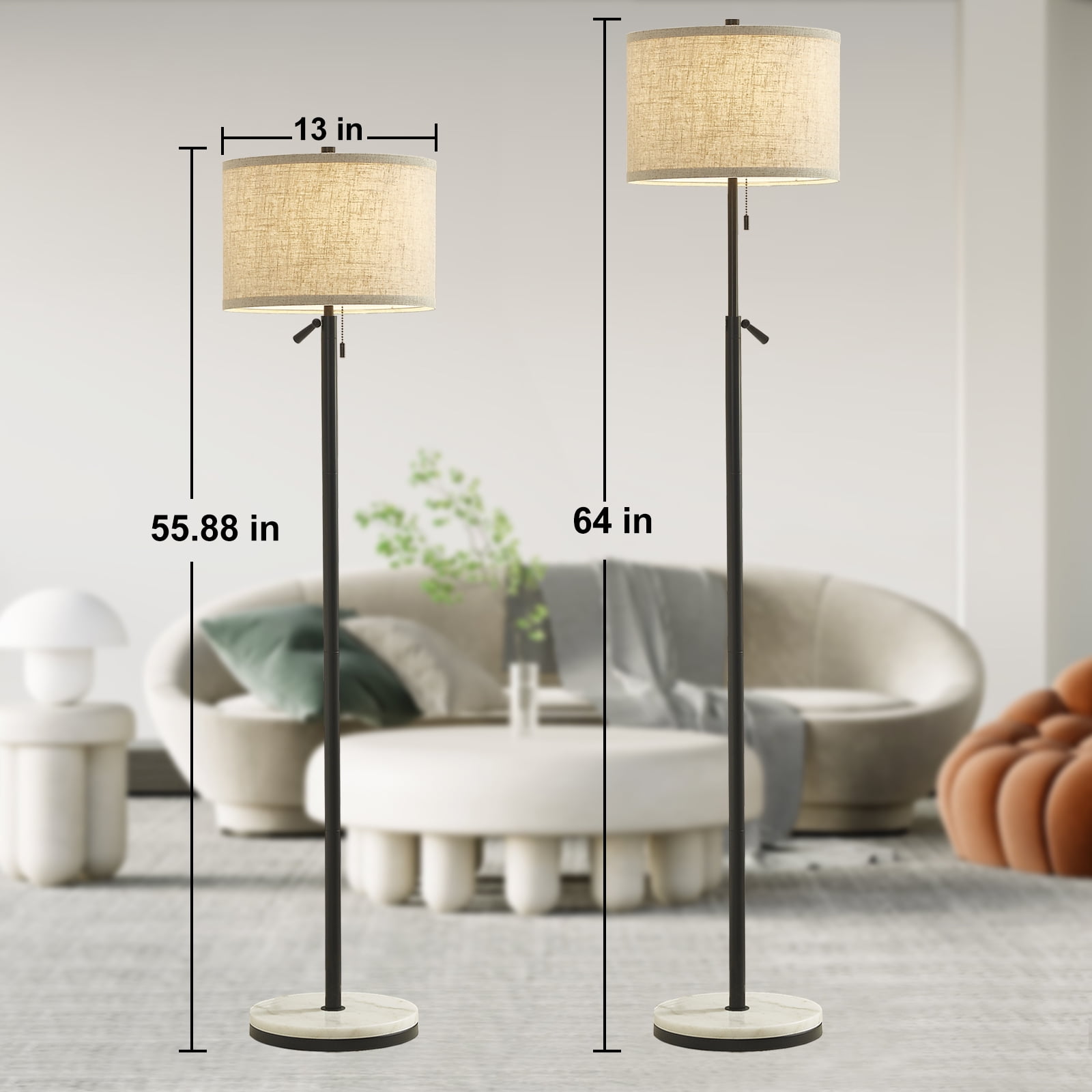 NATYSWAN Modern Marble Floor Lamp, Adjustable Height Standing Lamp with Pull Chain Switch (Black, 64 in) fhr71