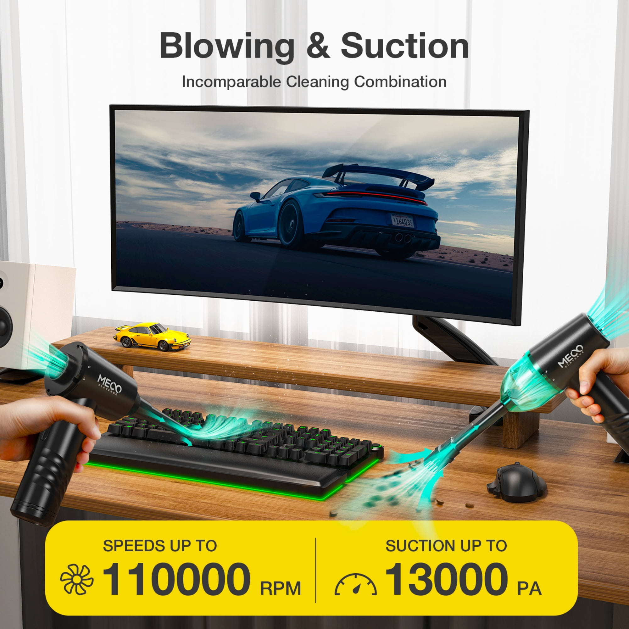 MECO 2-in-1 Cordless Air Duster and Handheld Vacuum for Electronics and Car Cleaning (Black, 6000mAh) 9j53z