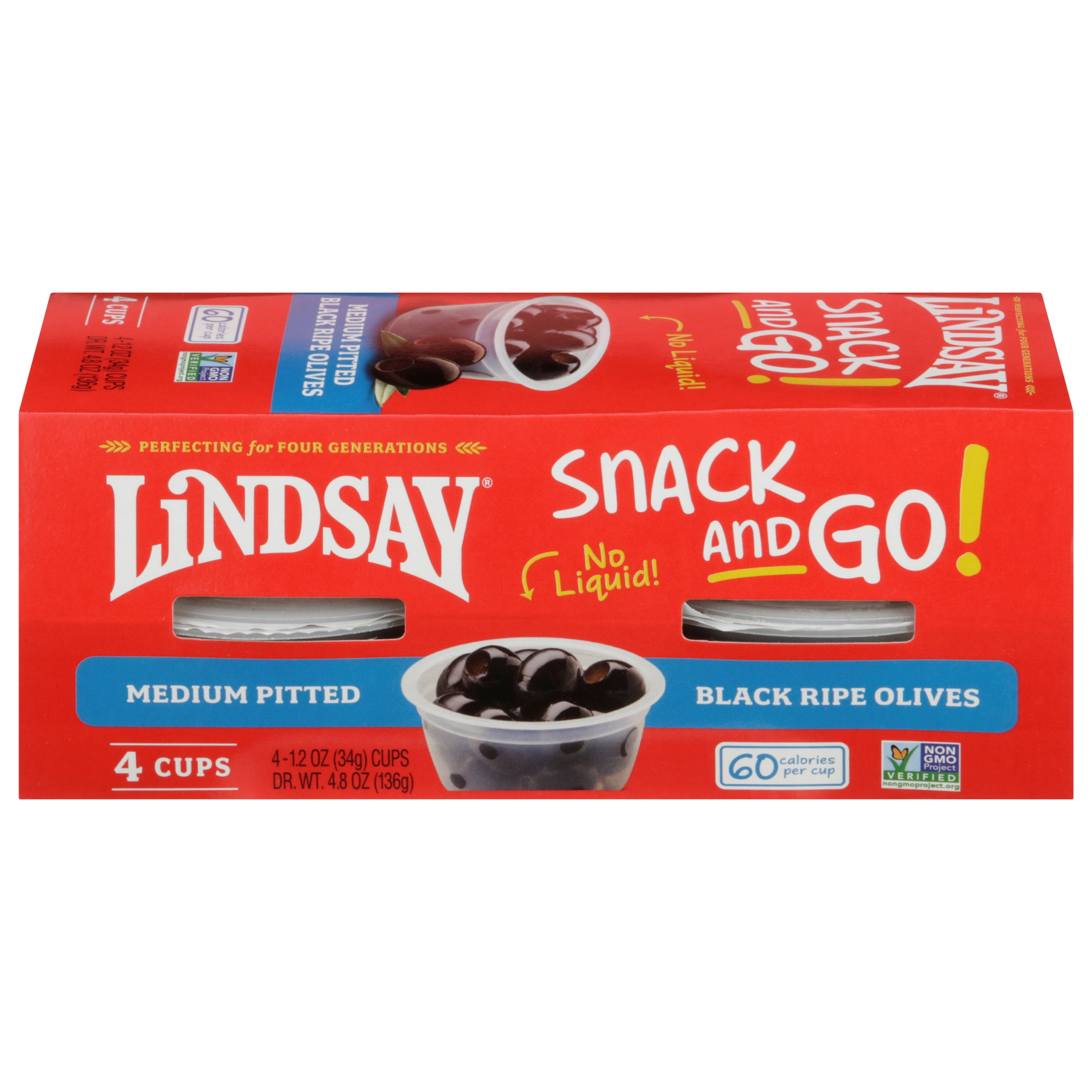 Lindsay Medium Pitted Black Ripe Olives (Black, 4 Pack, 1.2 oz per cup) 8meom