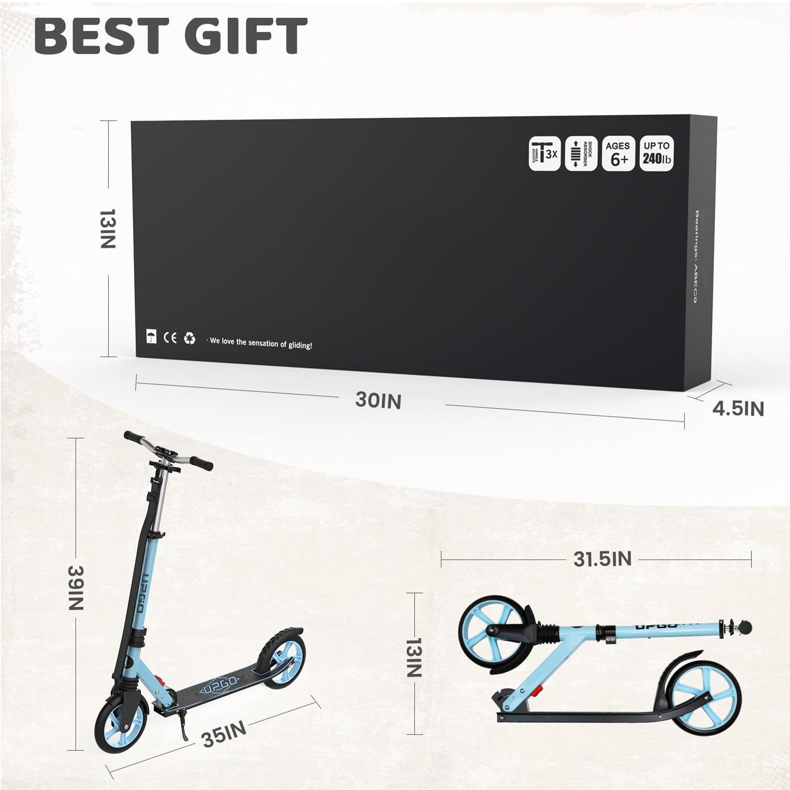 Upgo Foldable Kick Scooter with Adjustable Handlebar and 8-Inch Wheels (Blue, 240 lb Capacity) l1ddw