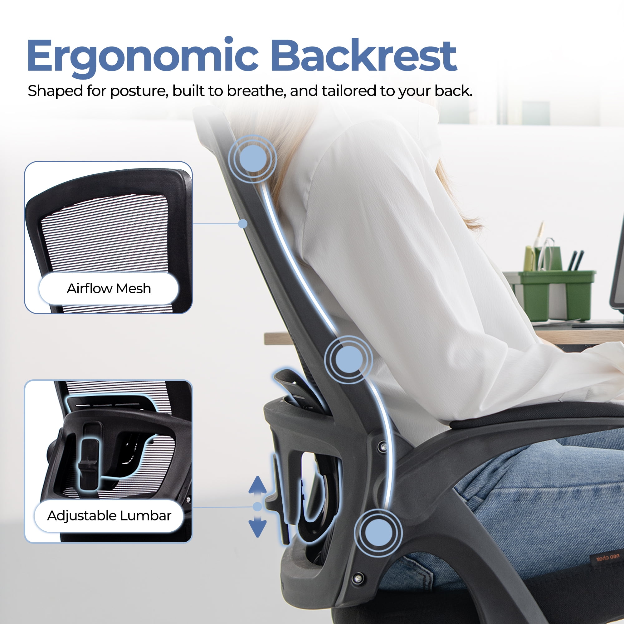 CELTOSS Ergonomic Office Chair, Breathable Mesh Task Chair with Lumbar Support and Flip-Up Armrests (Black, 250 lb Capacity) hfyin