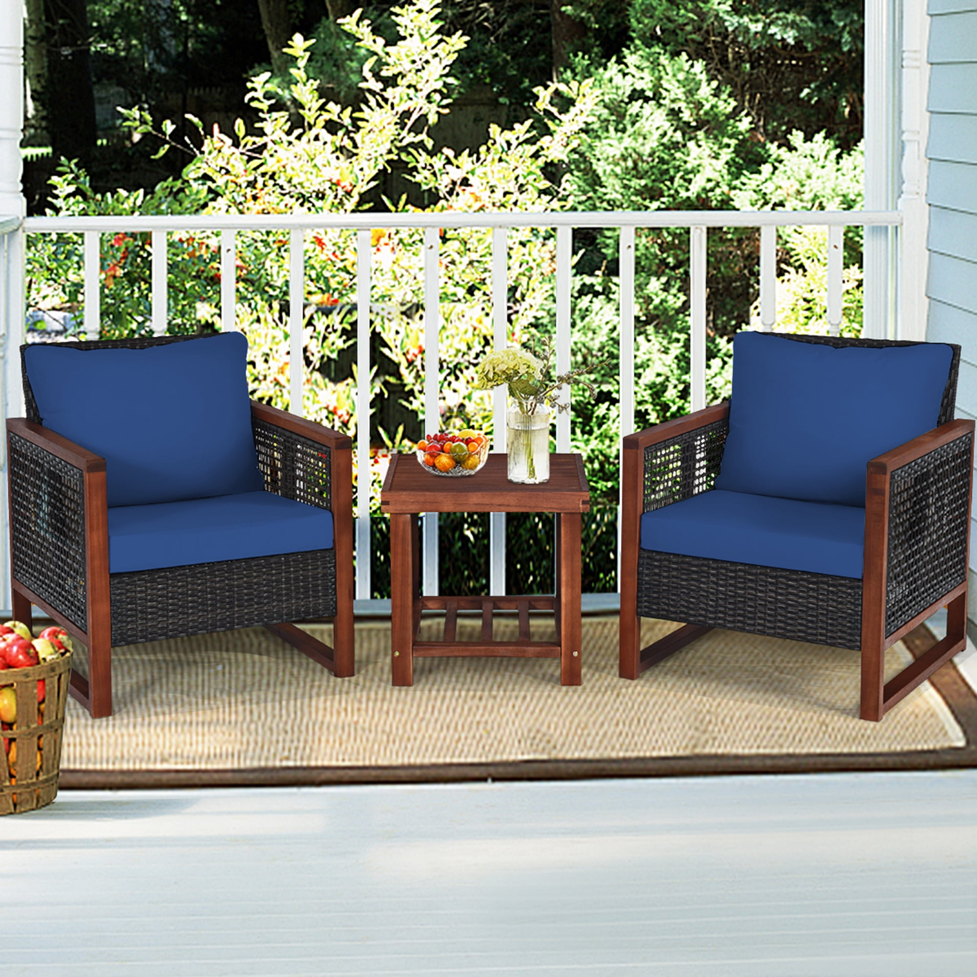 Gymax 3-Piece Rattan Wicker Patio Conversation Set with Navy Cushions (Acacia Wood Frame) 2o7cx