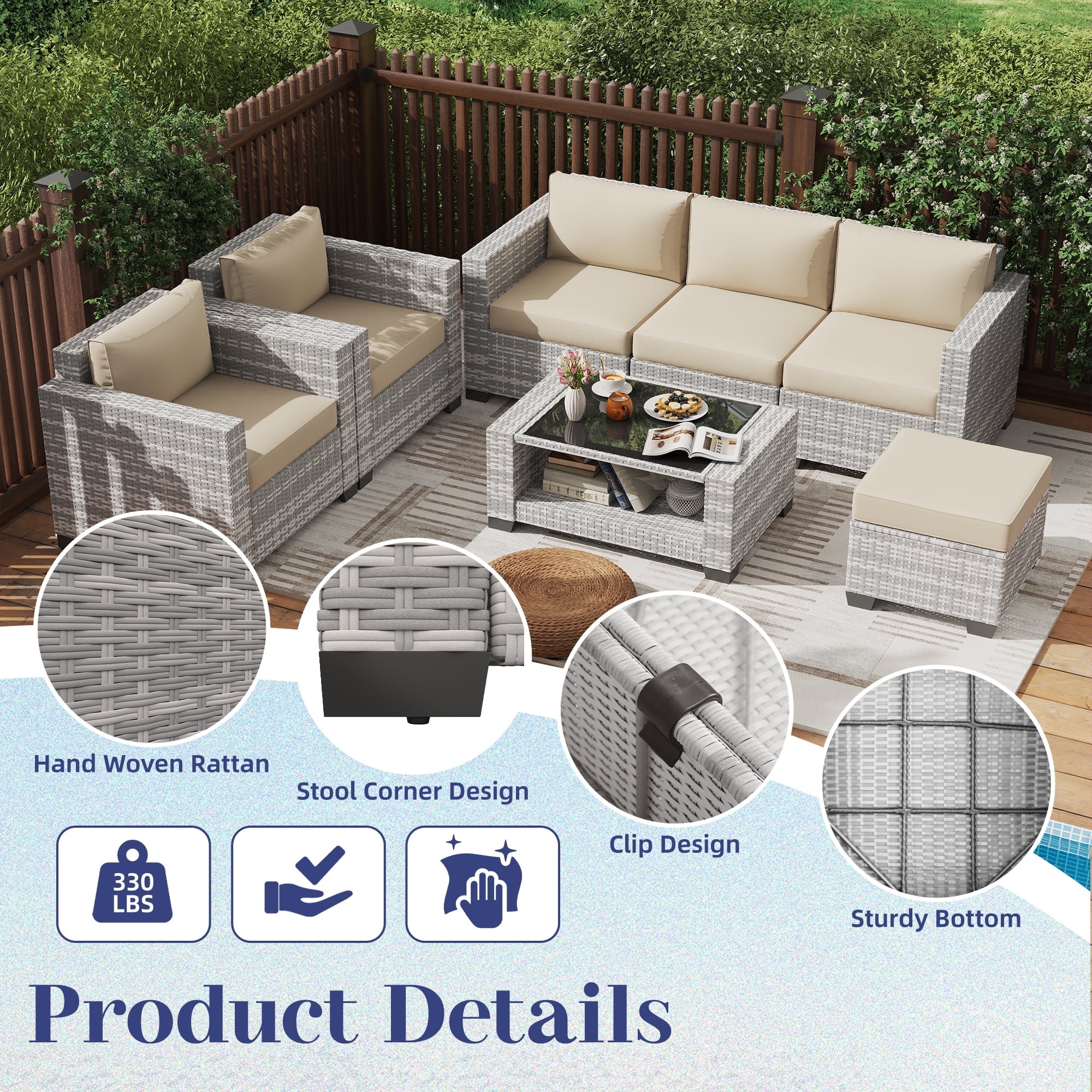 Kigoty 7-Piece Outdoor Patio Furniture Set, Wicker Rattan Sectional Sofa with Coffee Table (Gray-White Rattan, Beige Cushions) n00rz