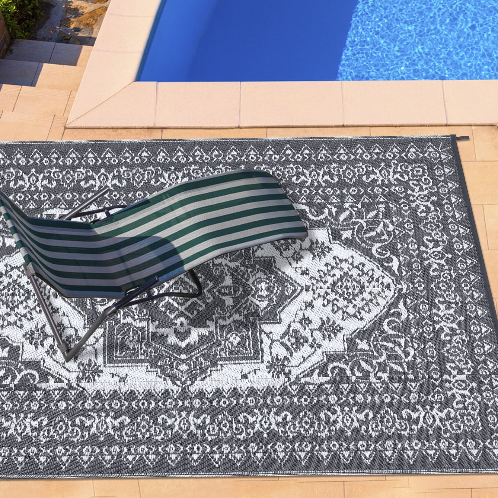 HOMERRY Geometric Floral Outdoor Rug Waterproof Reversible Plastic Carpet for Patio RV (White/Gray, 8 ft x 10 ft) kbbgr