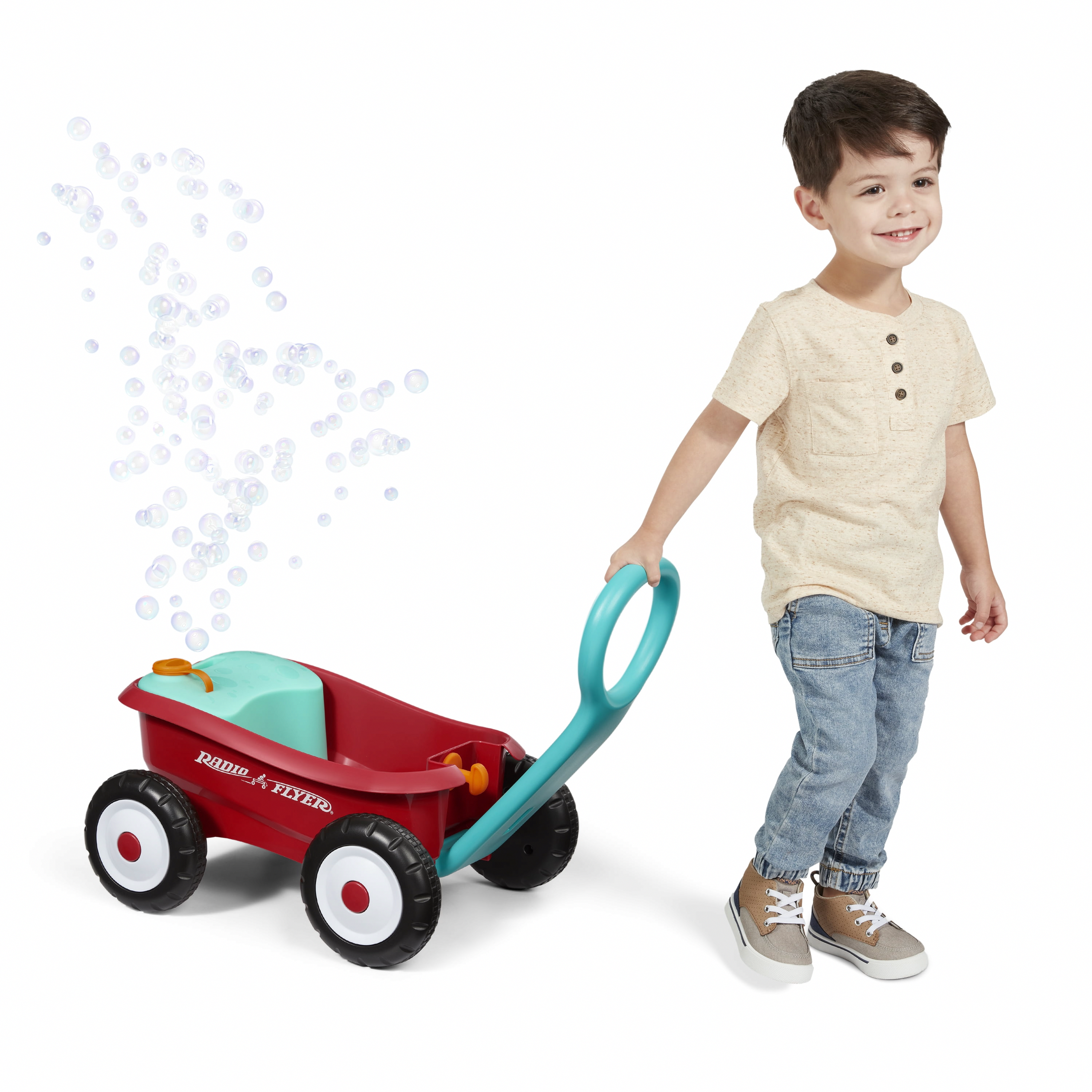 Radio Flyer Push & Pull Bubble Buddy Walker Wagon, Battery-Free Bubble Machine for Toddlers (Red, 4 fl oz) uc820
