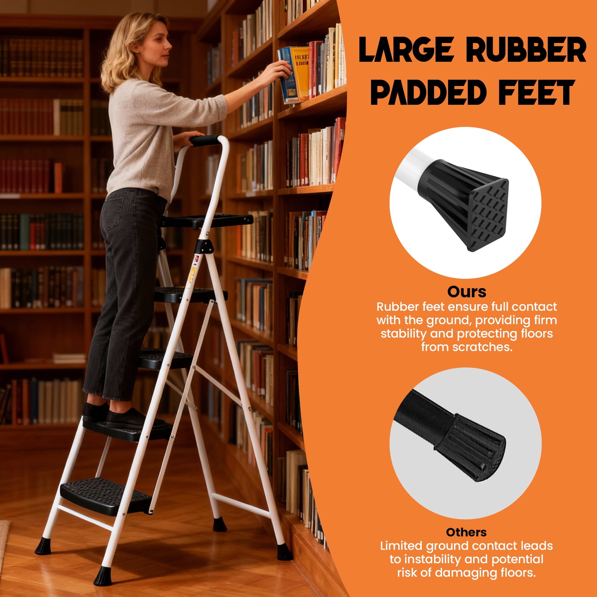HBTower 4-Step Folding Ladder with Tool Tray and Anti-Slip Pedals (White, 330 lb Capacity) uzmnt