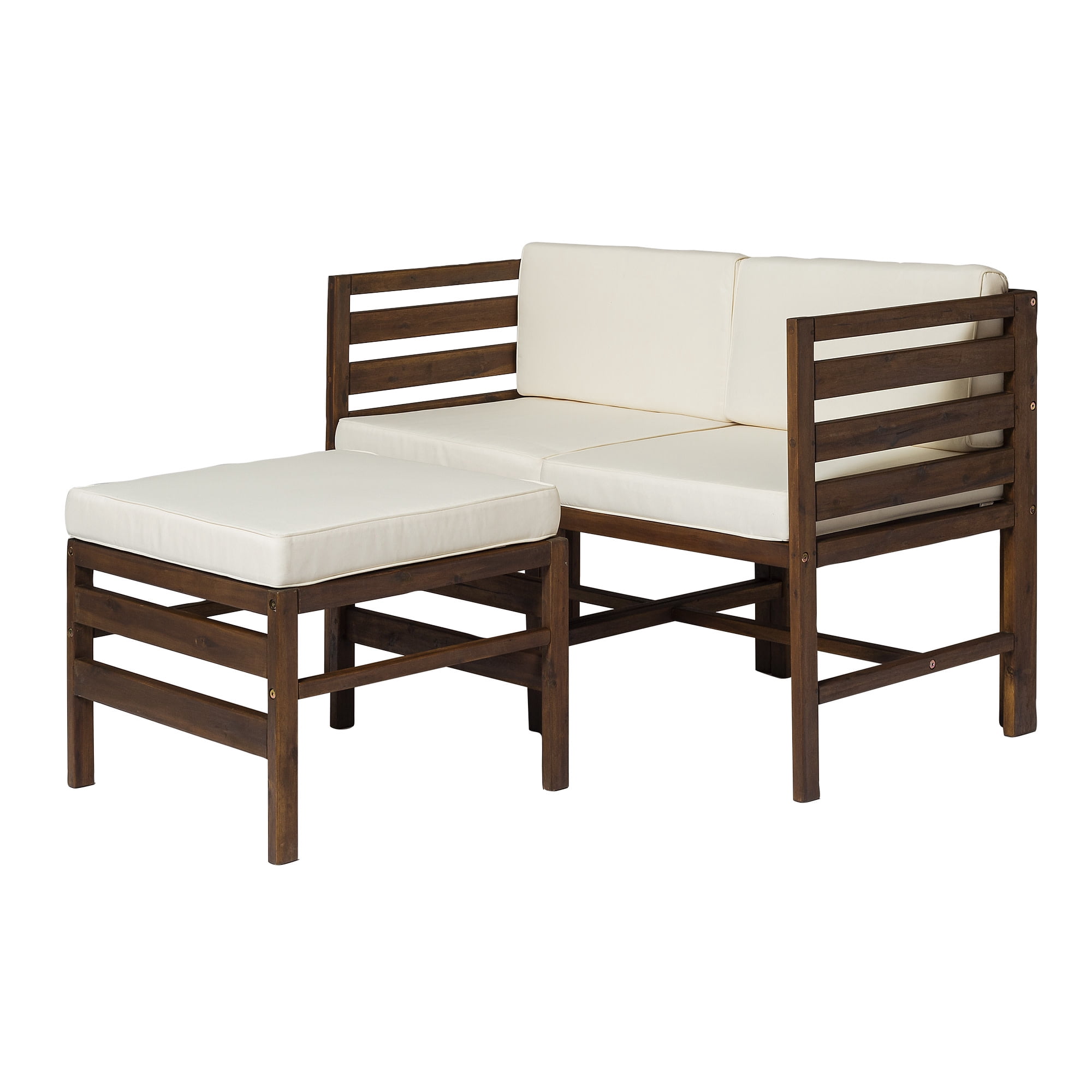 Walker Edison Modular Outdoor Acacia Wood Patio Chair and Ottoman Set (Dark Brown, 3 Piece) lckzh