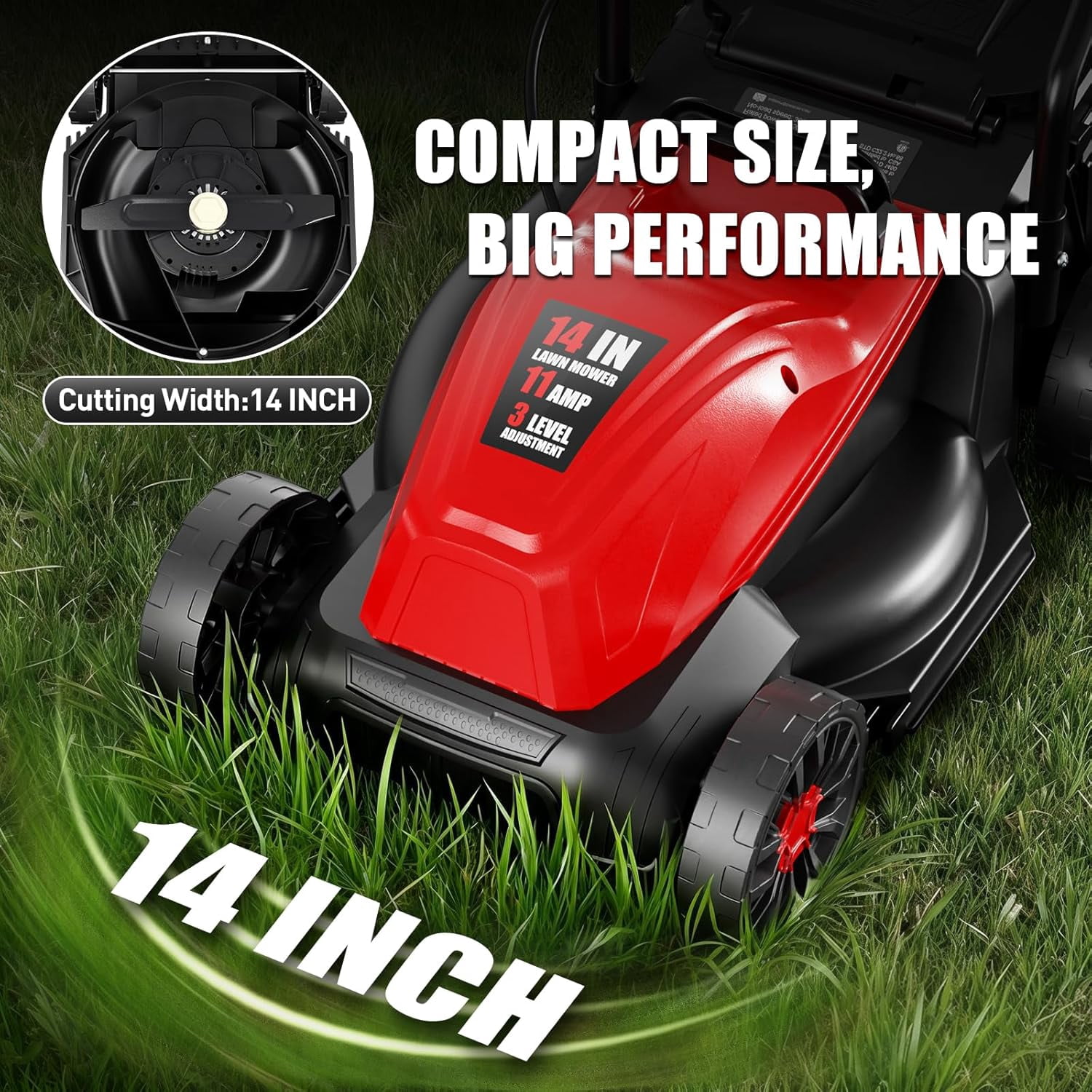 Datingday 14-Inch 12AMP Electric Corded Lawn Mower, Push-Button Start, Lightweight Walk-Behind Mower with Mulching and Bagging (Red, 14-Inch) qxbsr