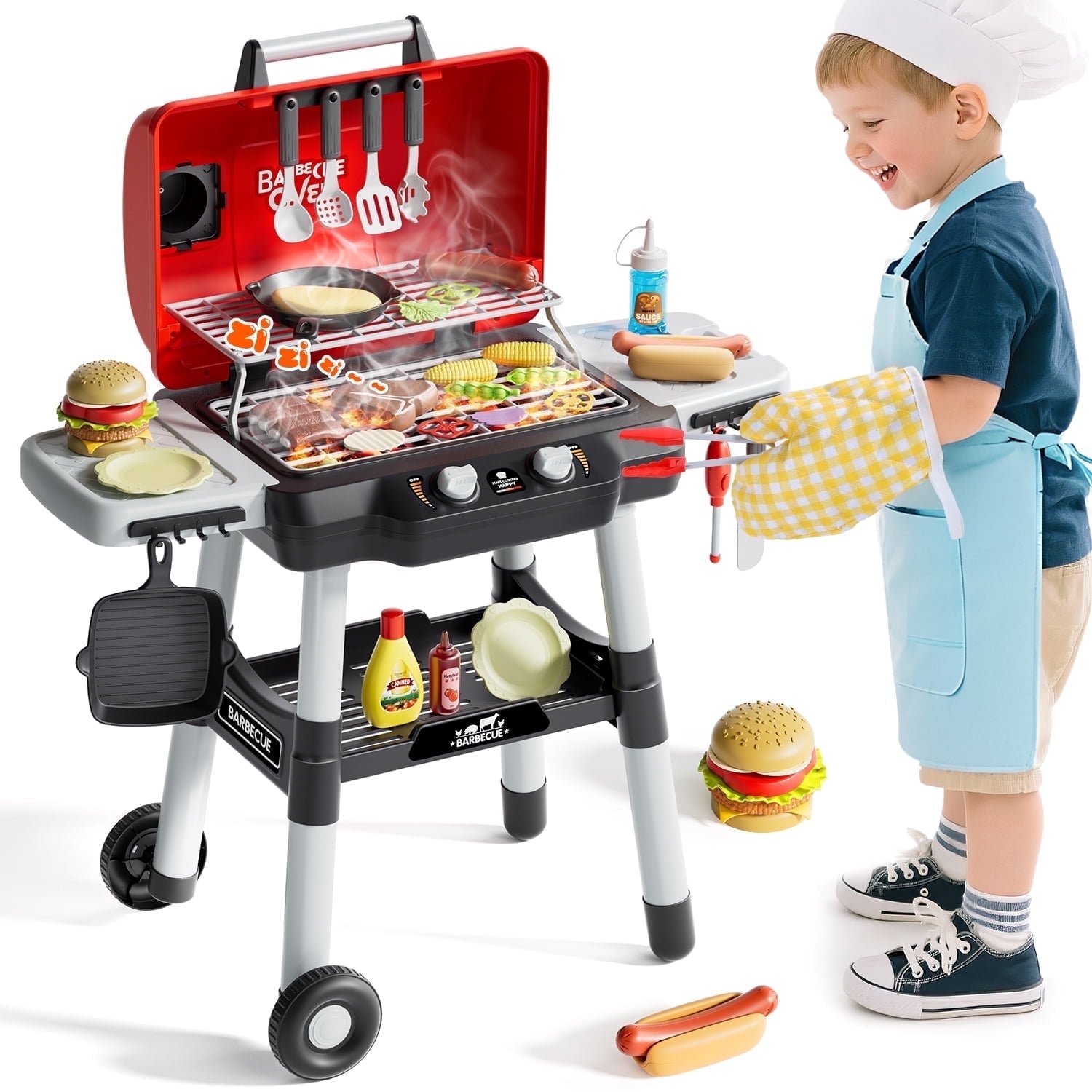 WonderStone BBQ Grill Playset for Kids, Interactive Kitchen Cooking Toy with Realistic Smoke and Sound Effects (Black, 36 Pieces) uwfqu