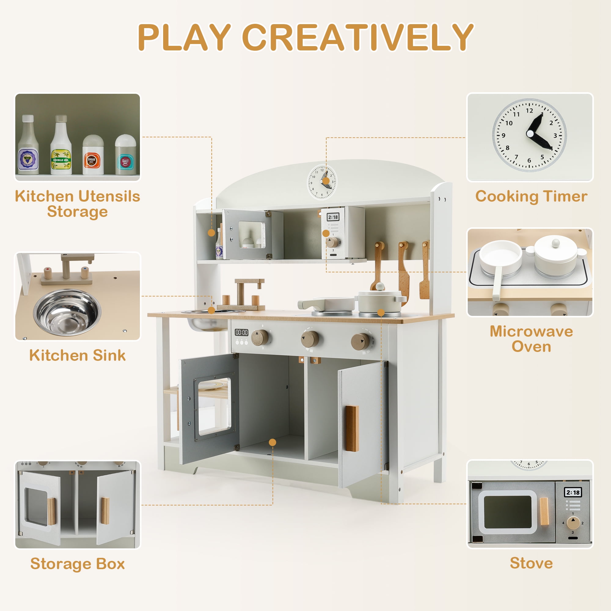 Bruce & Shark Kids Wooden Pretend Play Kitchen Set with Microwave, Sink, and Cookware Accessories (White, 28.35 x 26.77 x 10.24 in) zopix