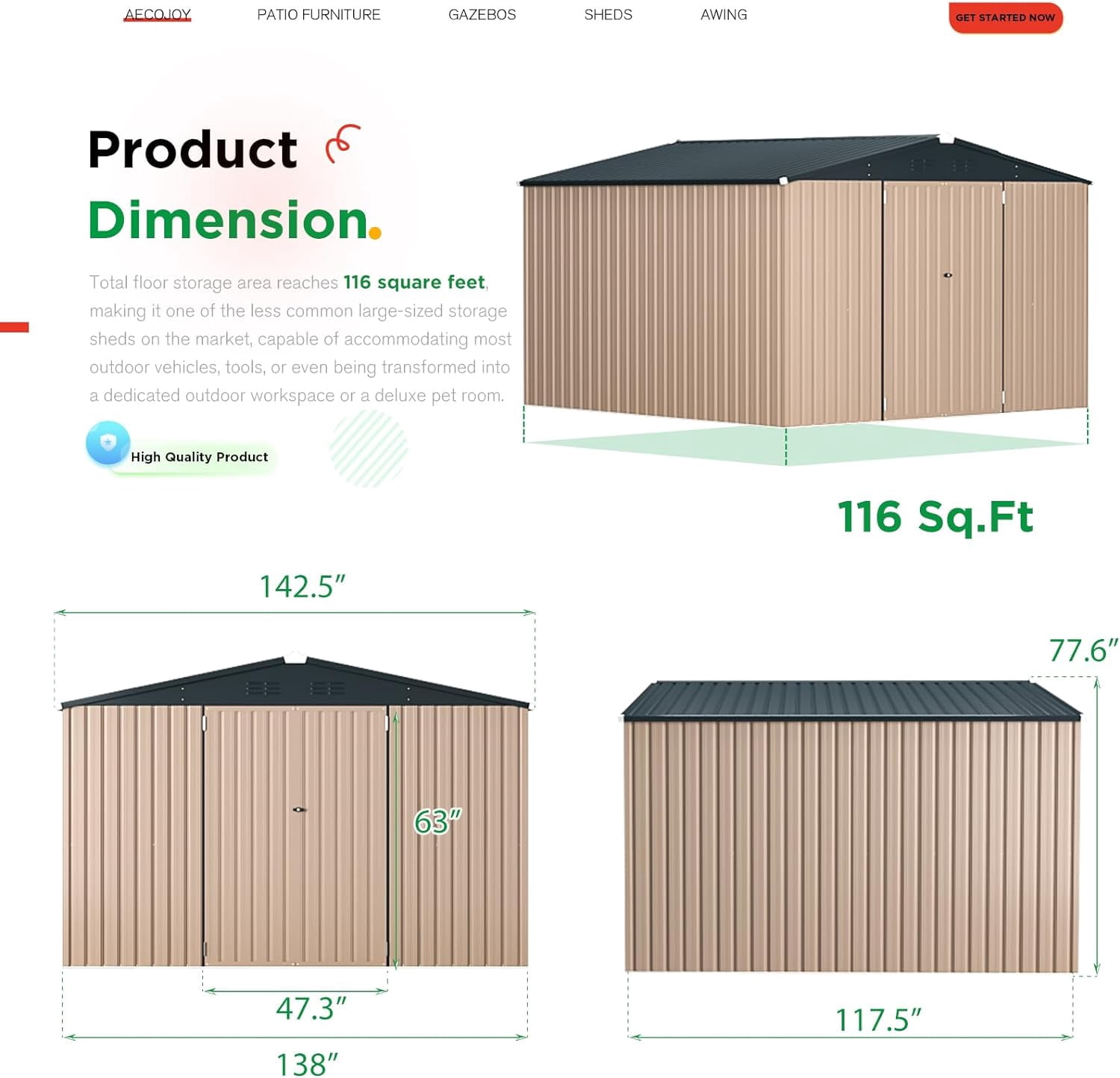 AECOJOY Outdoor Storage Shed, Weather-Resistant Galvanized Steel Garden Building with Lockable Double Doors (Brown, 12 ft x 10 ft) 8jmiy