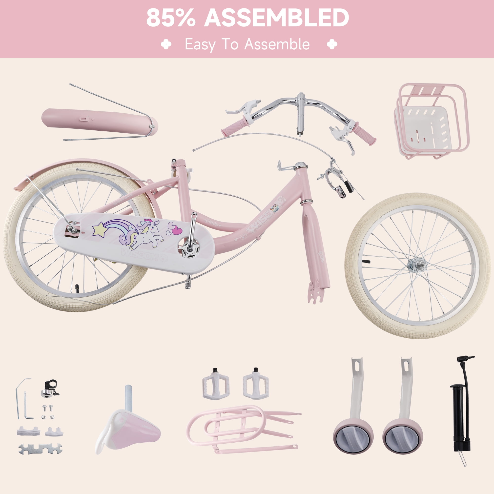 Bruce & Shark Kids Bicycle with Training Wheels and Basket (Pink, 18 in) 6vb7m - Image 4