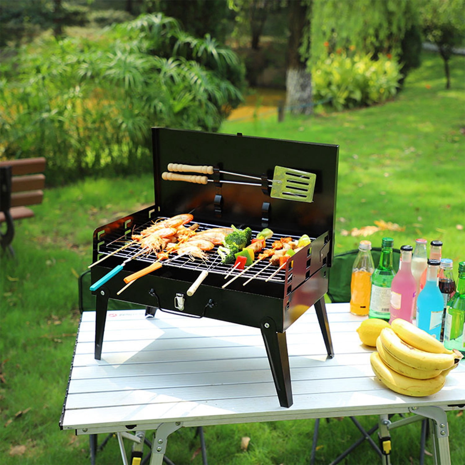 TeqHome Portable Charcoal Grill Foldable Tabletop BBQ for Camping Picnic (Black, 16.7x10x17.7 in) 2c8un