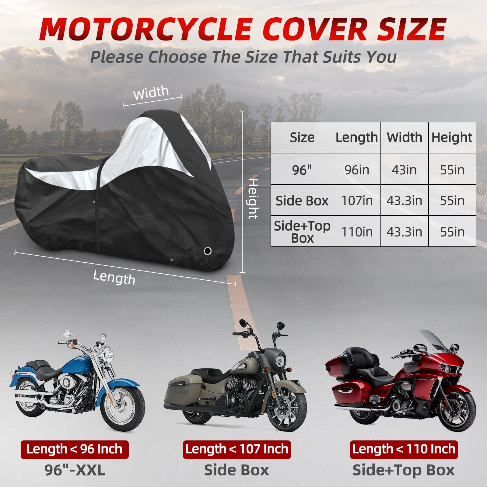 Zenicham 600D Motorcycle Cover Heavy Duty Waterproof Outdoor Storage Shield (Black, 96 in) zdcvx
