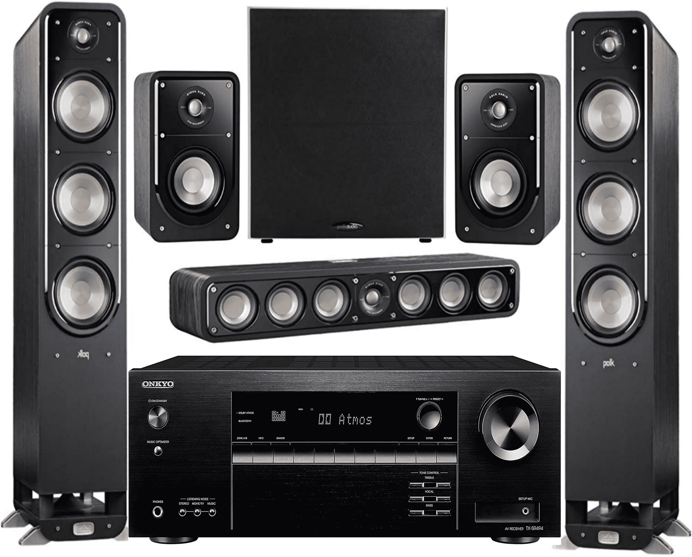 Onkyo 7.2-Channel 4K Ultra HD A/V Surround Sound Receiver and Polk Home Theater Speaker System (Black, 80W per Channel) qf7up