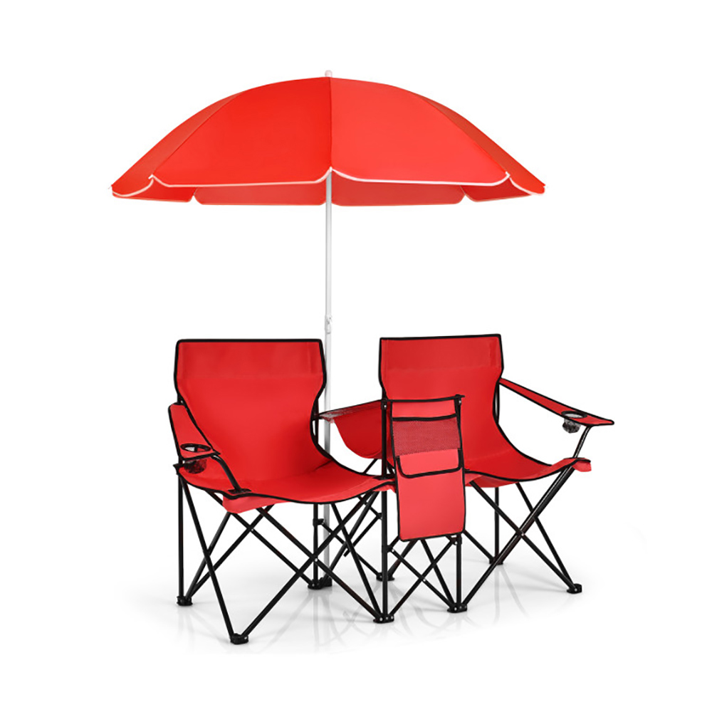 Aimee Lii Double Folding Picnic Chair with Umbrella, Outdoor Camping Loveseat with Cooler Bag and Beverage Holders (Red) sqkca