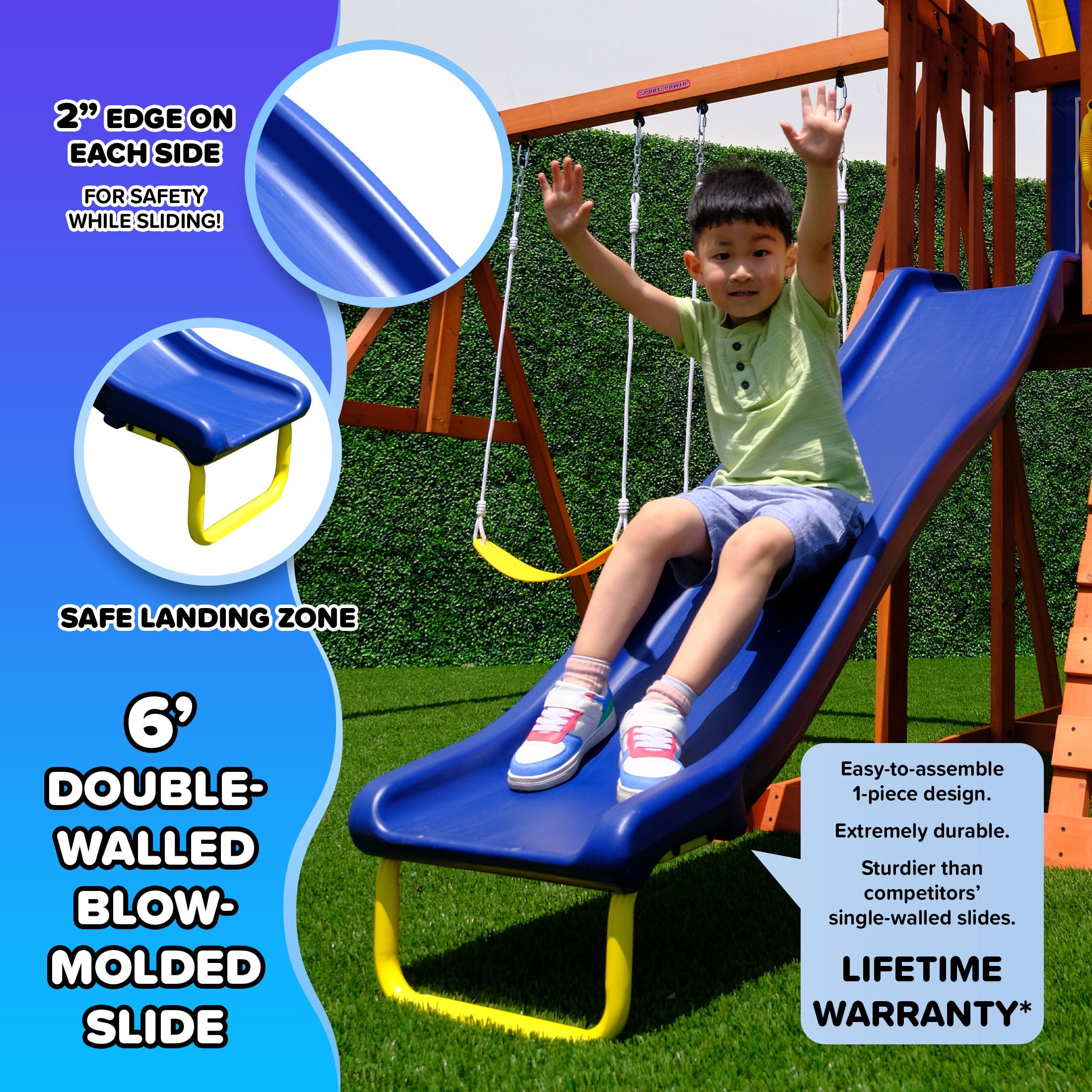 Sportspower Asher Wooden Swing Set with 2 Belt Swings, Rock Climber, and 6ft Slide (Blue, 500 lb Capacity) i3fe5