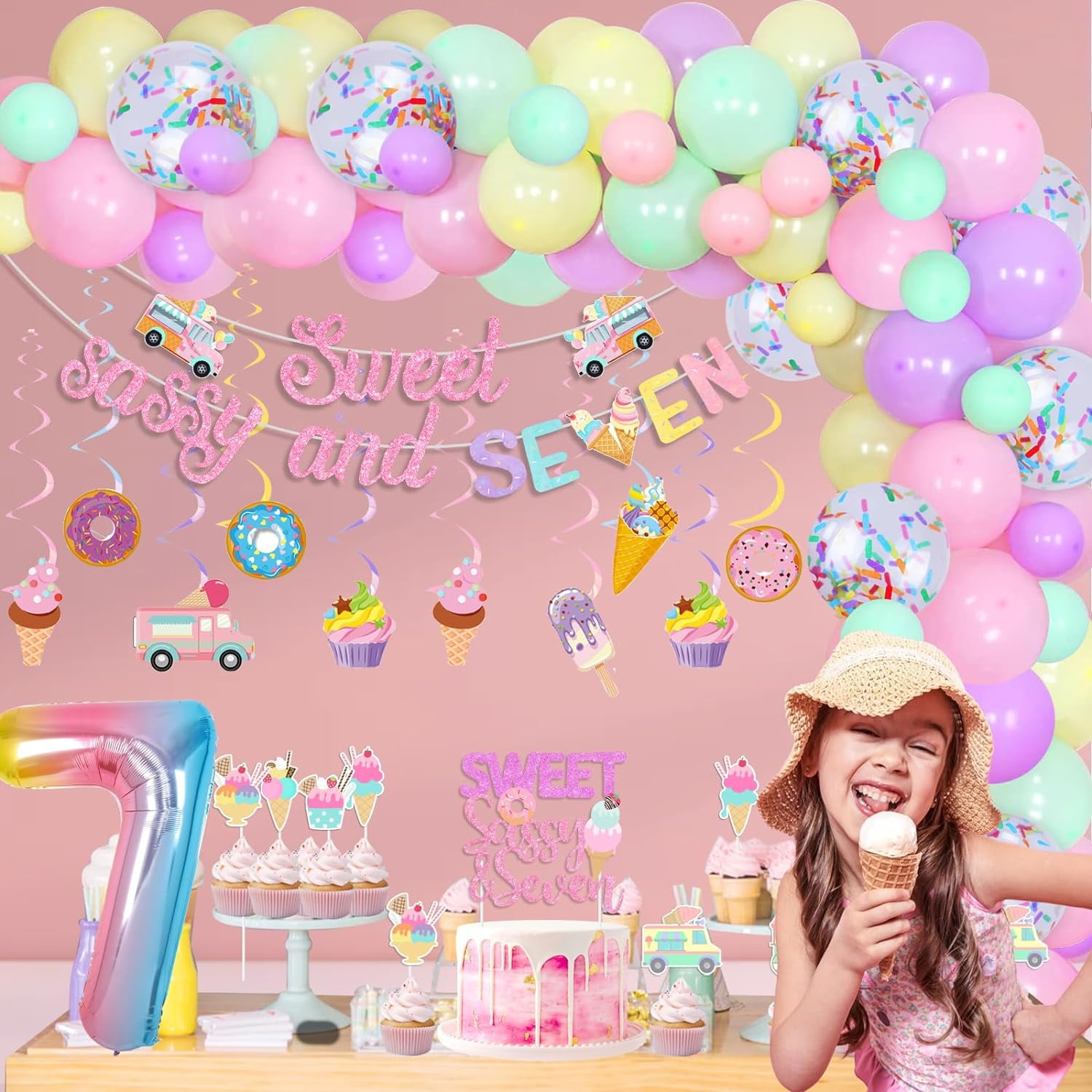 Cheereveal Ice Cream 7th Birthday Party Decoration Set, Sweet Sassy and Seven Banner, Balloon Garland Arch Kit (Yellow, 87 Piece Set) oblx7