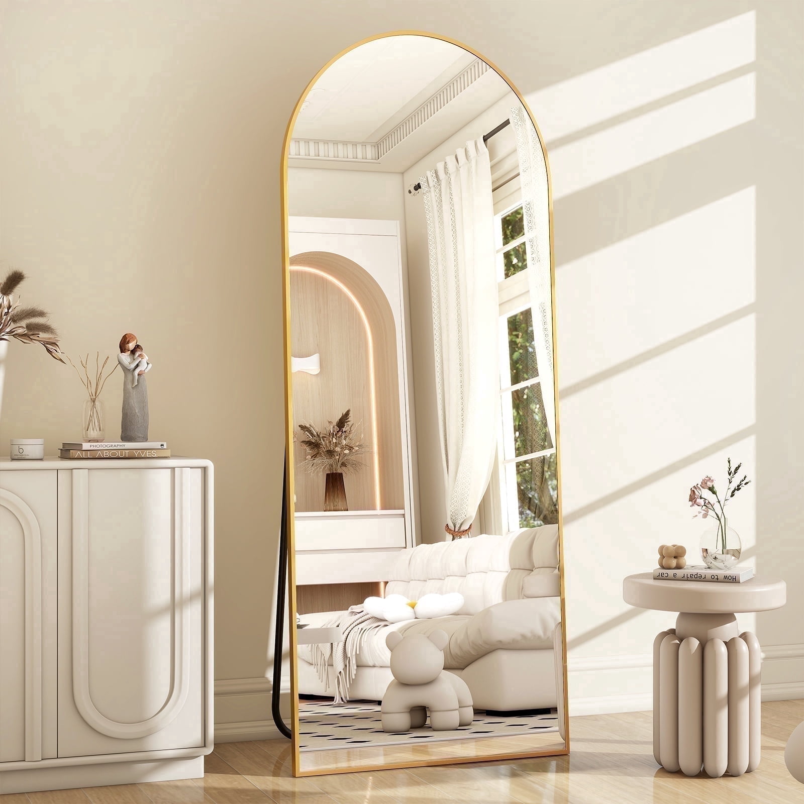 BEAUTYPEAK Arched Full Length Floor Mirror, Shatter-Proof Standing Body Mirror (Gold, 64 in x 21 in) jdpth