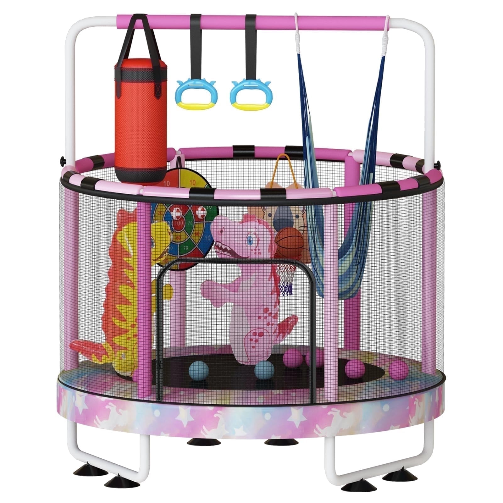 Baxluxe 55 in 7-in-1 Kids Trampoline, Indoor Outdoor Activity Center with Basketball Hoop & Swing (Rainbow, 500 lb) utuqm