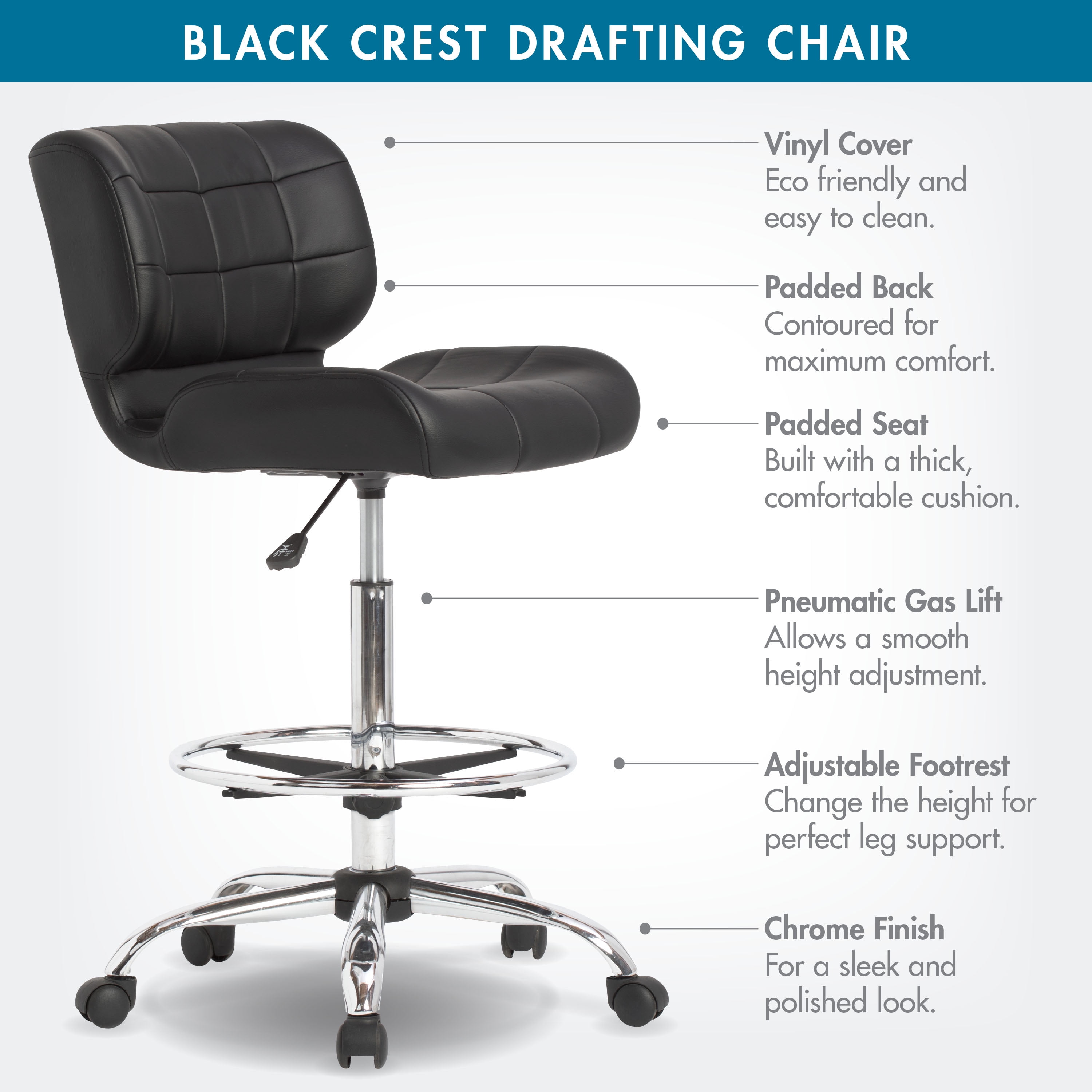 Studio Designs Height Adjustable Swivel Drafting Chair with Footring (Black, 24.5 in W x 24.5 in D x 41 in H) rbug7