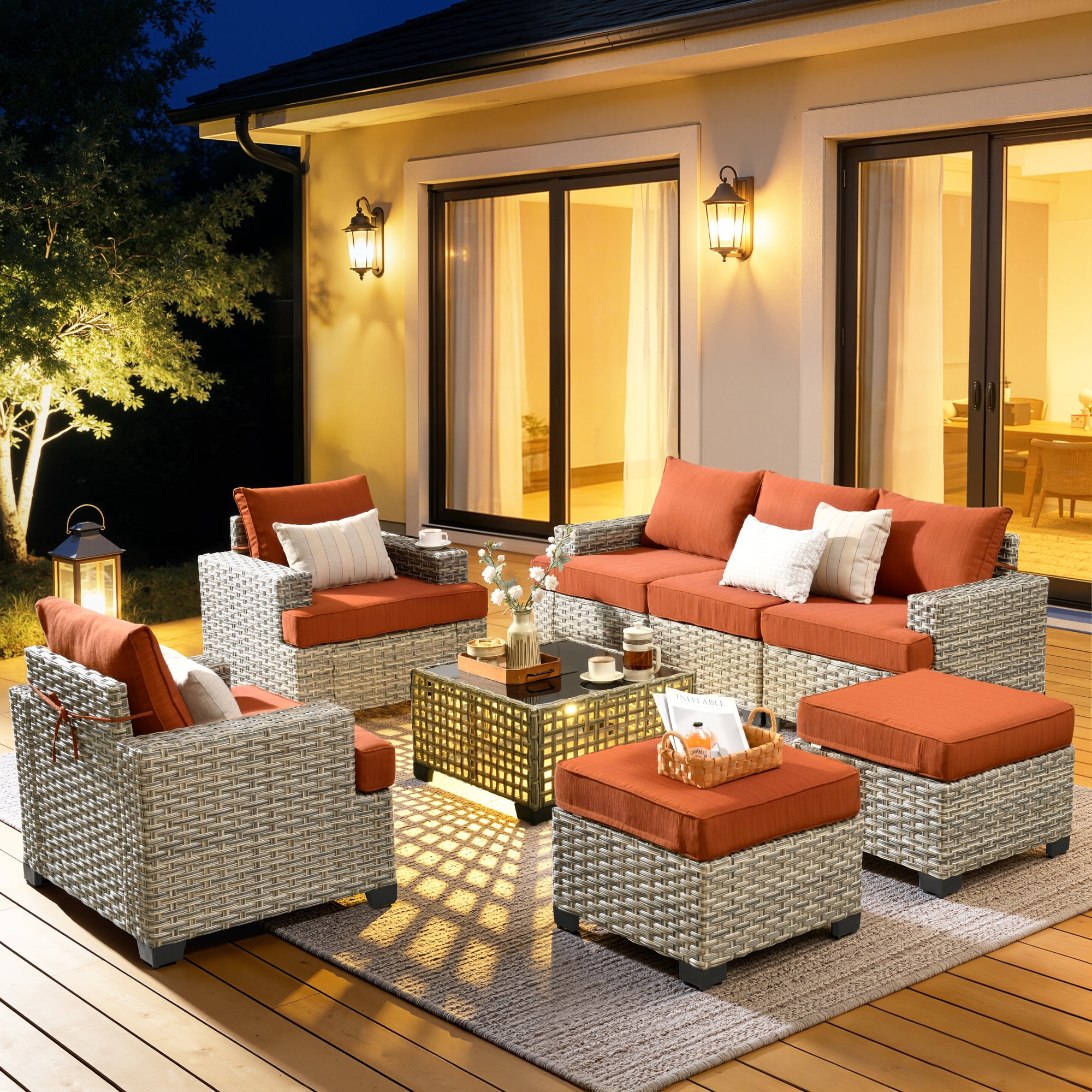 VCATNET 8-Piece Outdoor Patio Furniture Sectional Sofa Set with Solar Powered Coffee Table (Orange, 8-Piece Set) h5otd