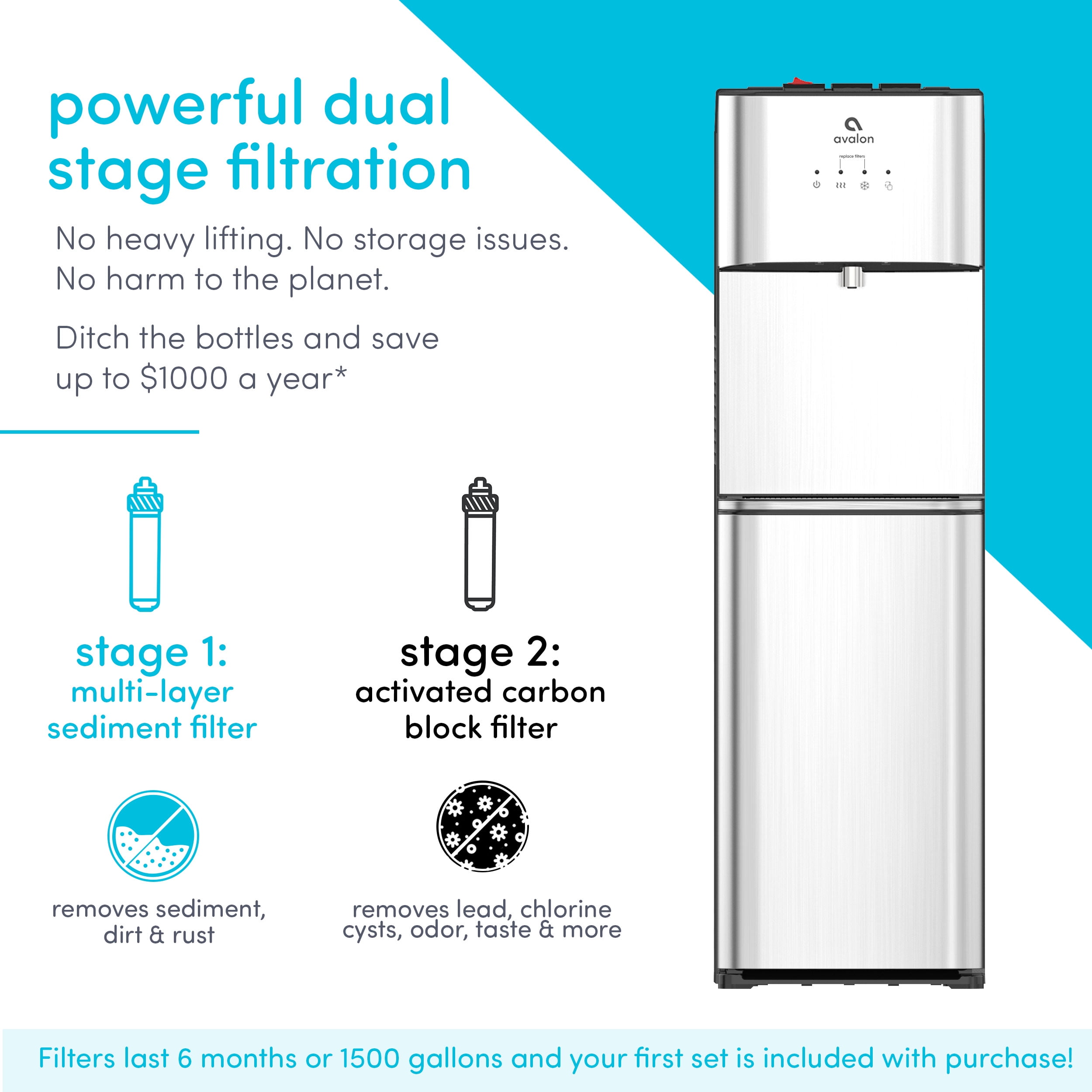Avalon Bottom Loading Stainless Steel Water Cooler with Filtration (Silver, 3 Gallon) 2827j